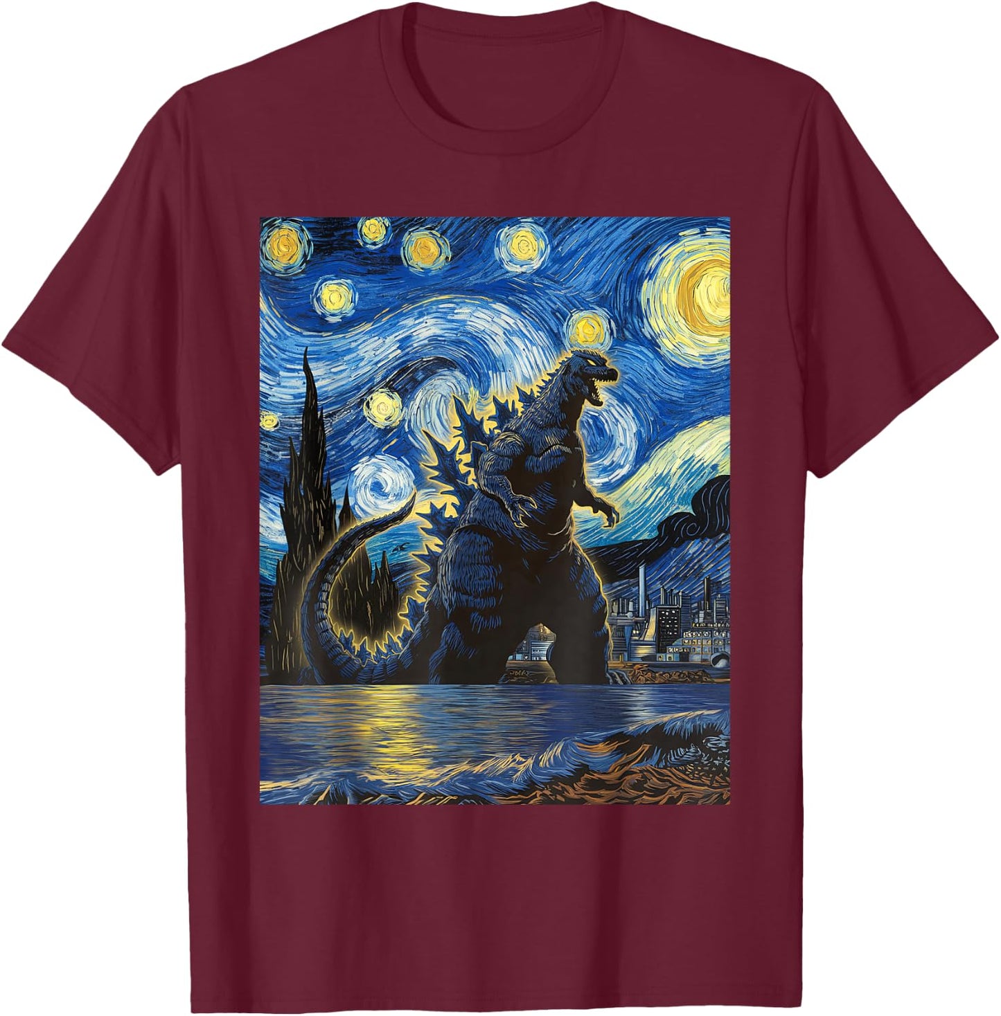 Vintage Japanese Monster Kaiju in Van Gogh Starry Night Art T-Shirt - T-Shirt | Maroon