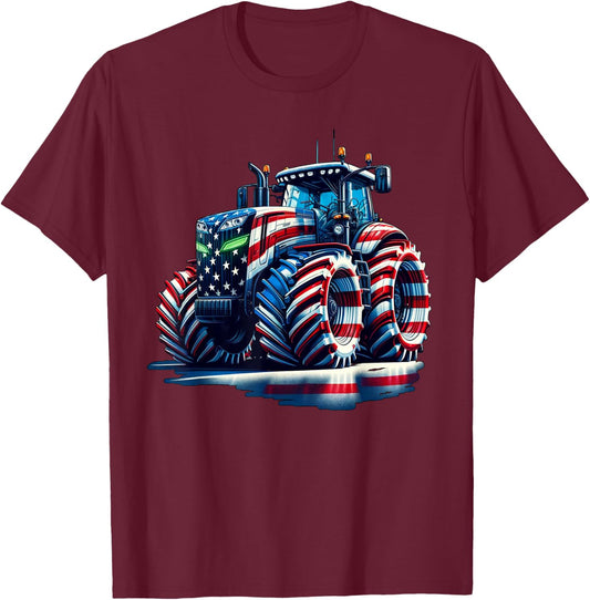 Patriotic Tractor American Flag T-Shirt - T-Shirt | Maroon