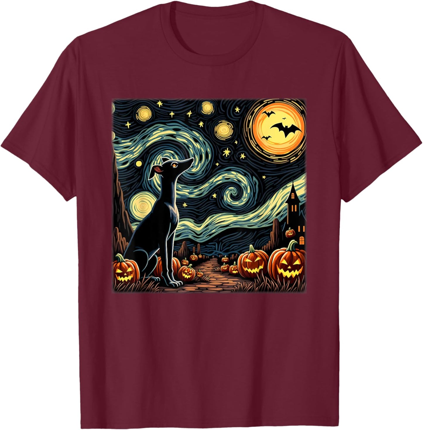 Spooky Halloween Italian Greyhound Dog Starry Night T-Shirt - T-Shirt | Maroon