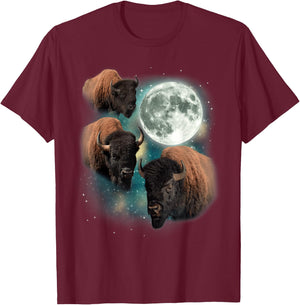 Three Buffalo Moon | 3 Bison Howling Funny Parody Buffalo T-Shirt - T-Shirt | Maroon