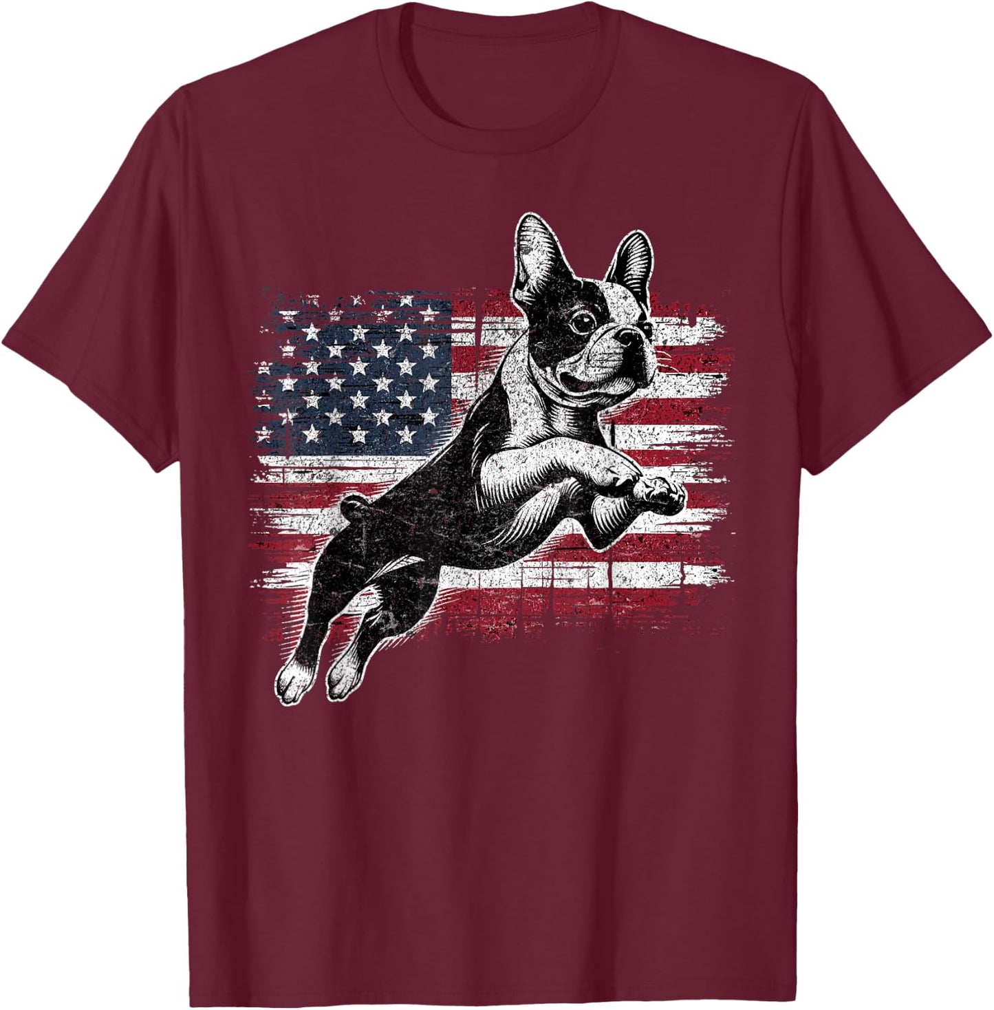 Boston Terrier Dog American Flag 4th of July Patriotic Puppy T-Shirt - T-Shirt | Maroon