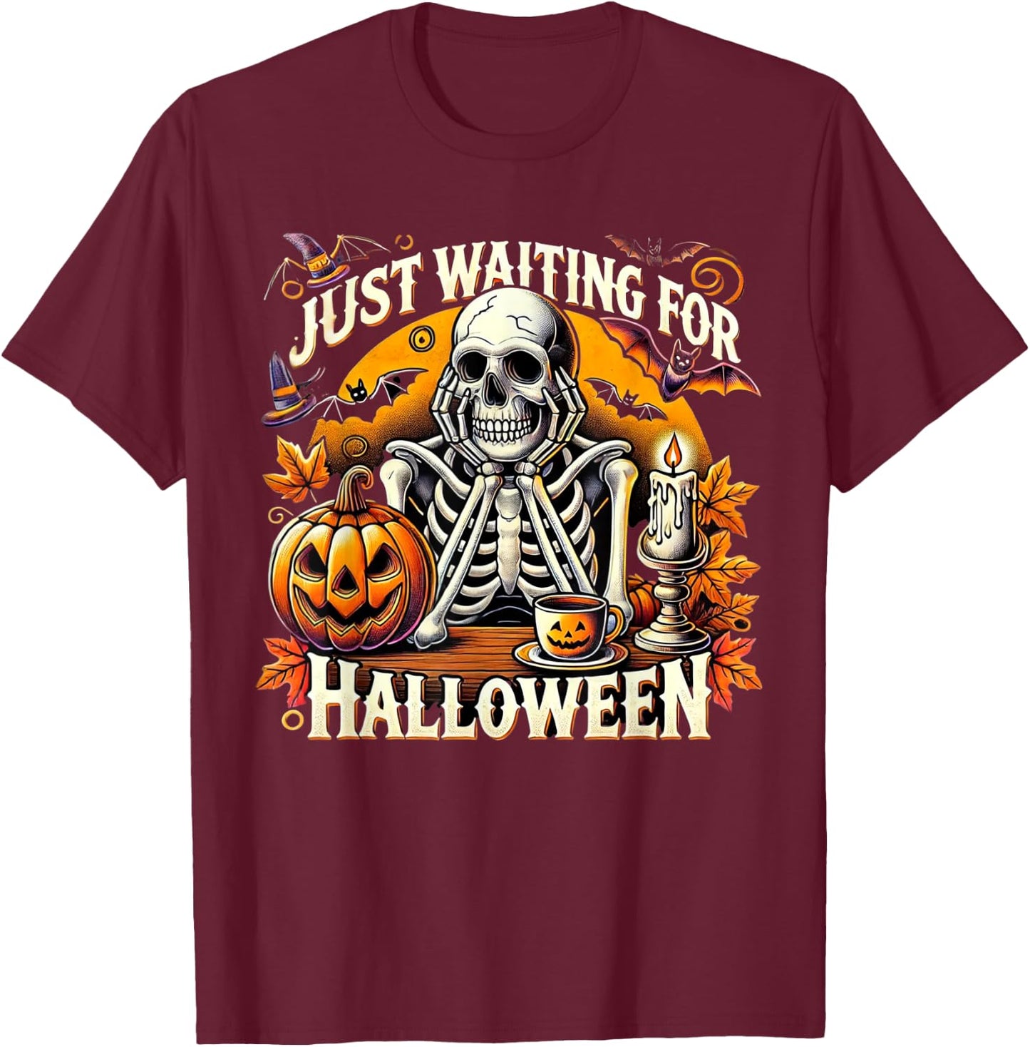 Just Waiting for Halloween Skeleton Coffee Spooky Season T-Shirt - T-Shirt | Maroon