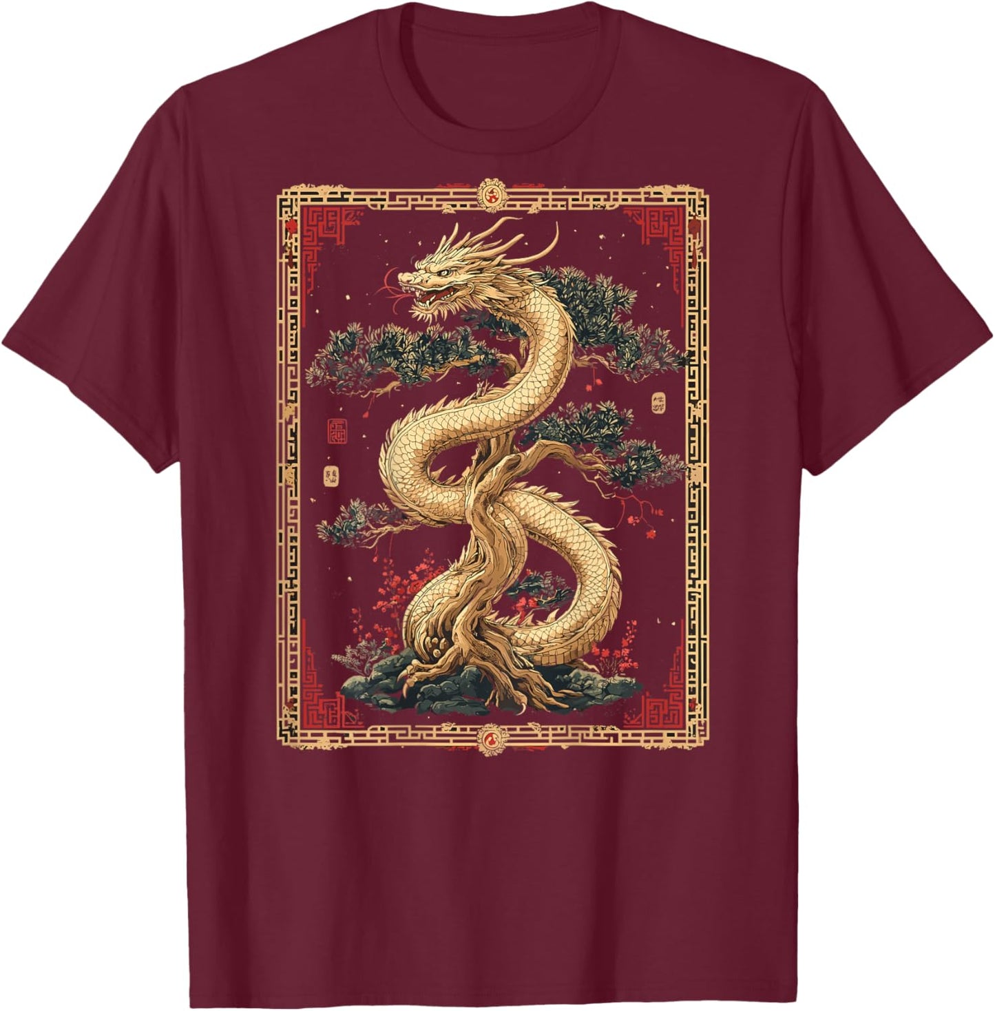 Chinese Dragon Bonsai Back Printed Graphic T-Shirt - T-Shirt | Maroon