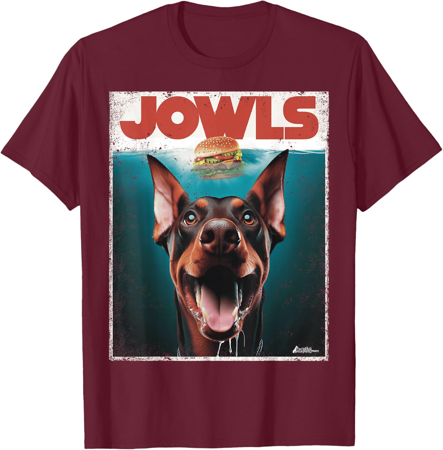 MonsterMuttz Funny Doberman Jowls Top Drooling Dobie Fur -Adults Black Small T-Shirt - T-Shirt | Maroon