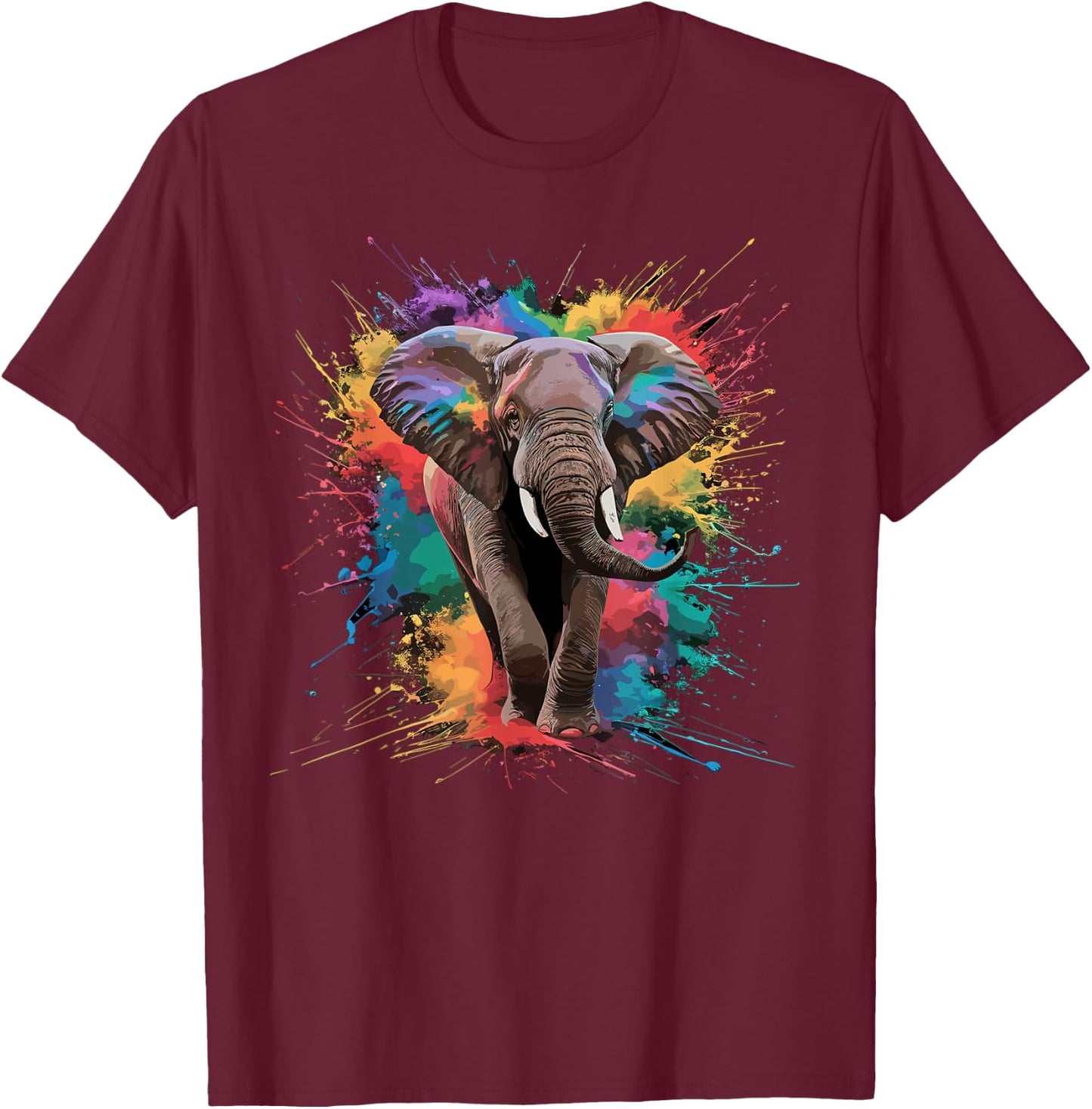 Colorful Paint Splash Elephant Art Graphic T-Shirt - T-Shirt | Maroon