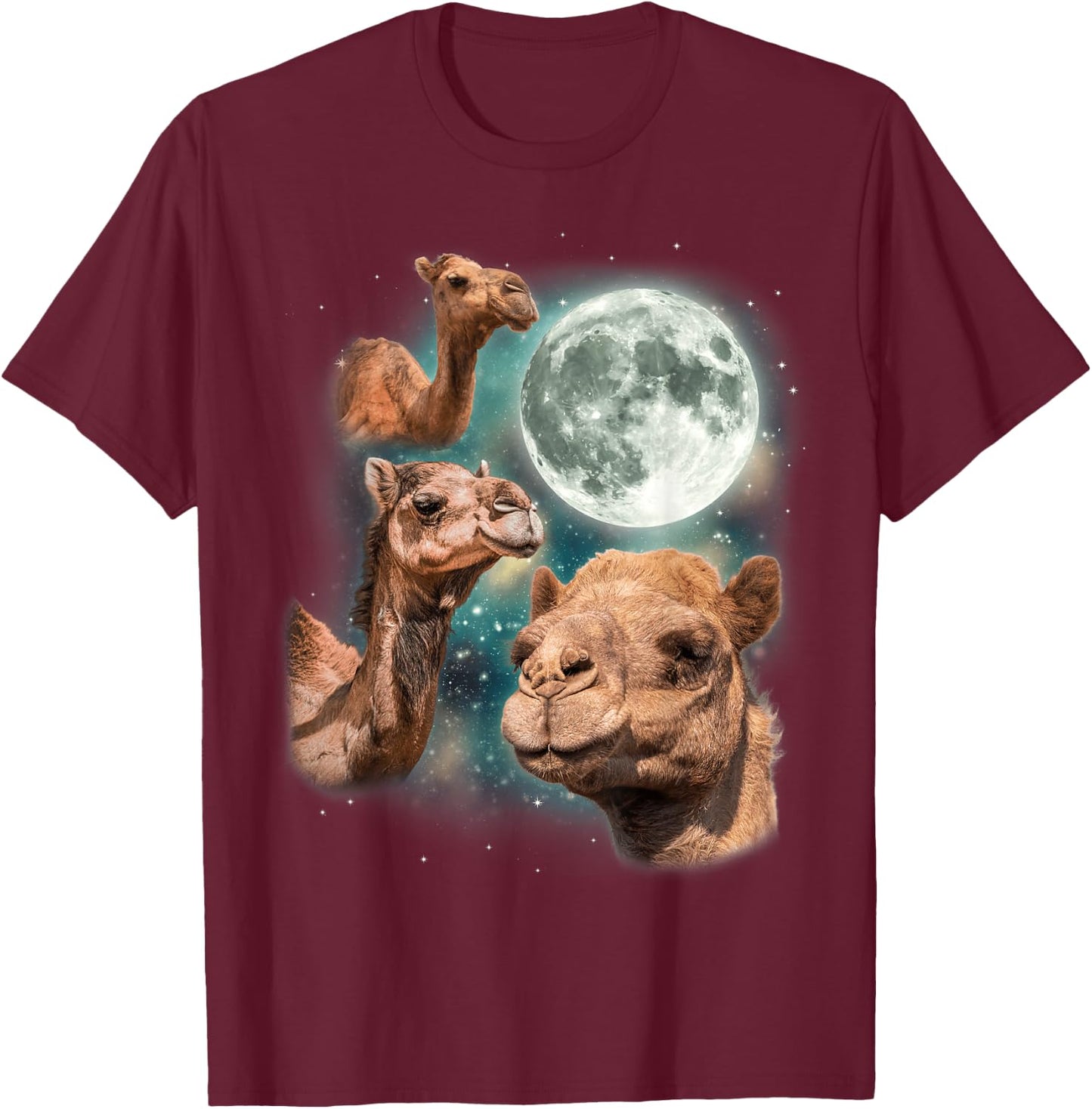 Three Camels Moon | 3 Dromedary Camels Under A Desert Moon T-Shirt - T-Shirt | Maroon