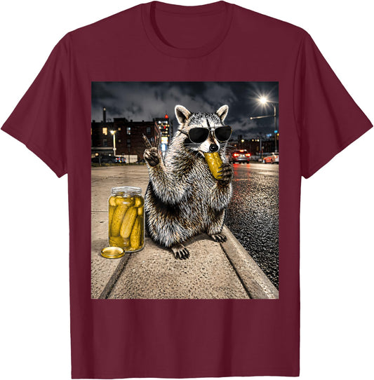 Funny Raccoon Eating Pickles Meme T-Shirt - T-Shirt | Maroon