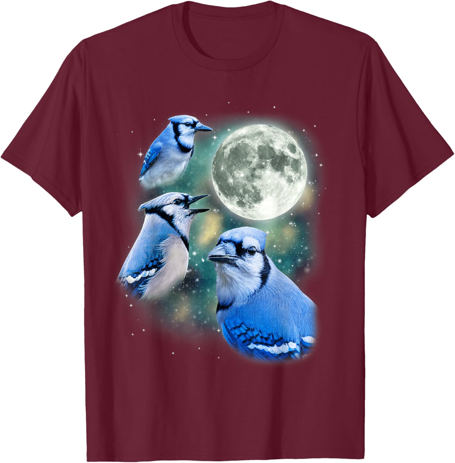 Three Blue Jay Moon Avian Wildlife Birdwatching Bird Lover T-Shirt - T-Shirt | Maroon