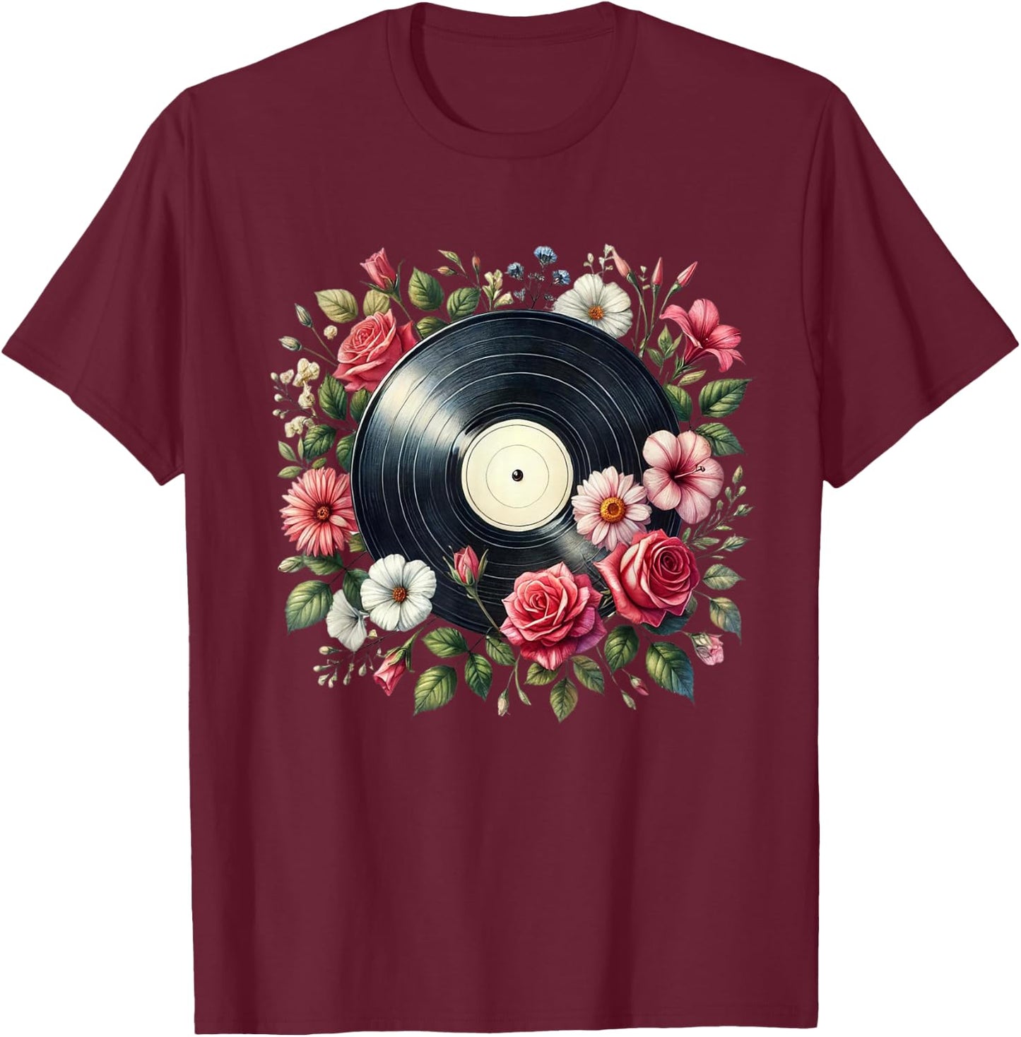 Vinyl Record Flower Men Disc Jockey Vinyl Lover T-Shirt - T-Shirt | Maroon