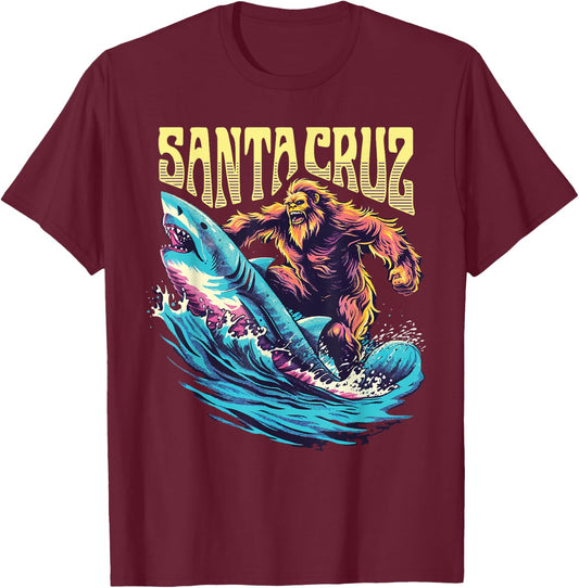 Santa Cruz California Summer Surfing Bigfoot Shark Women Kids T-Shirt - T-Shirt | Maroon