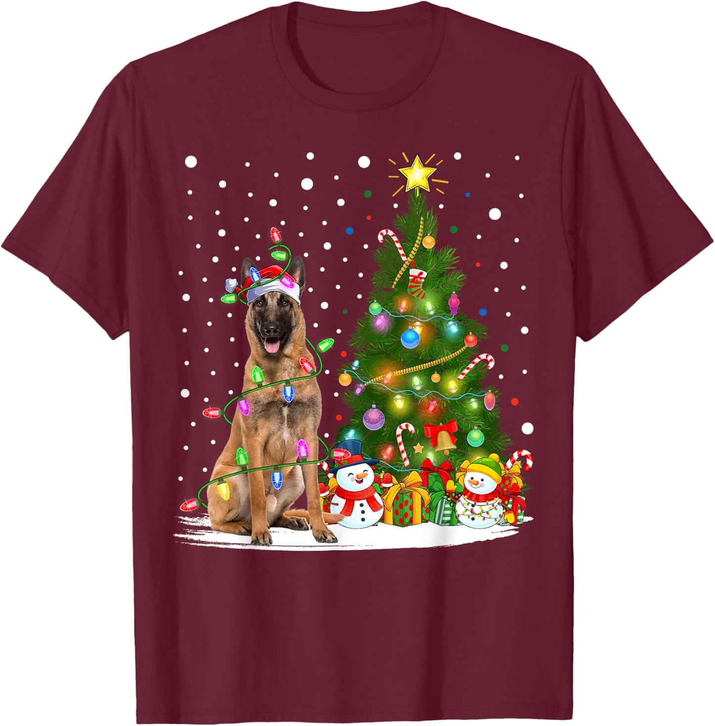 Lighting Xmas Tree Santa Belgian Malinois Dog Christmas Men Women Kids T-Shirt - T-Shirt | Maroon