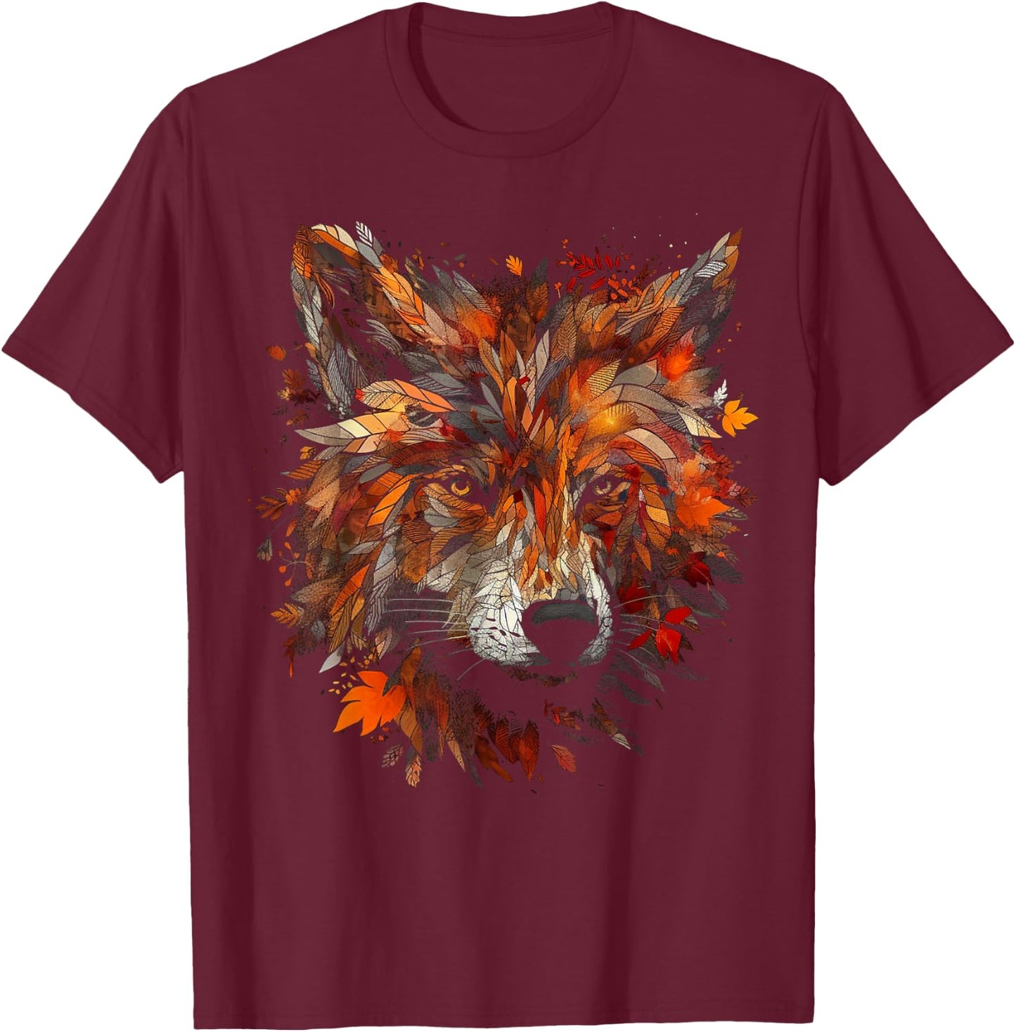 Wolf Autumn Leaves - Animal Art Motif Wolf T-Shirt - T-Shirt | Maroon