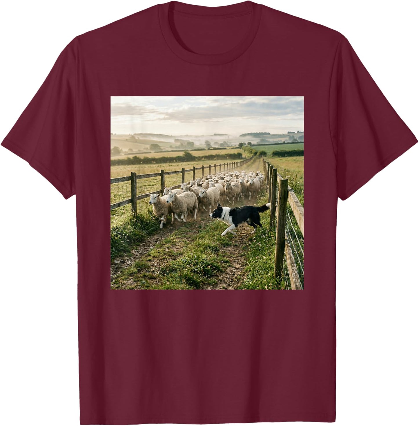 Border Collie Herding Sheep Countryside Farm Scene T-Shirt - T-Shirt | Maroon