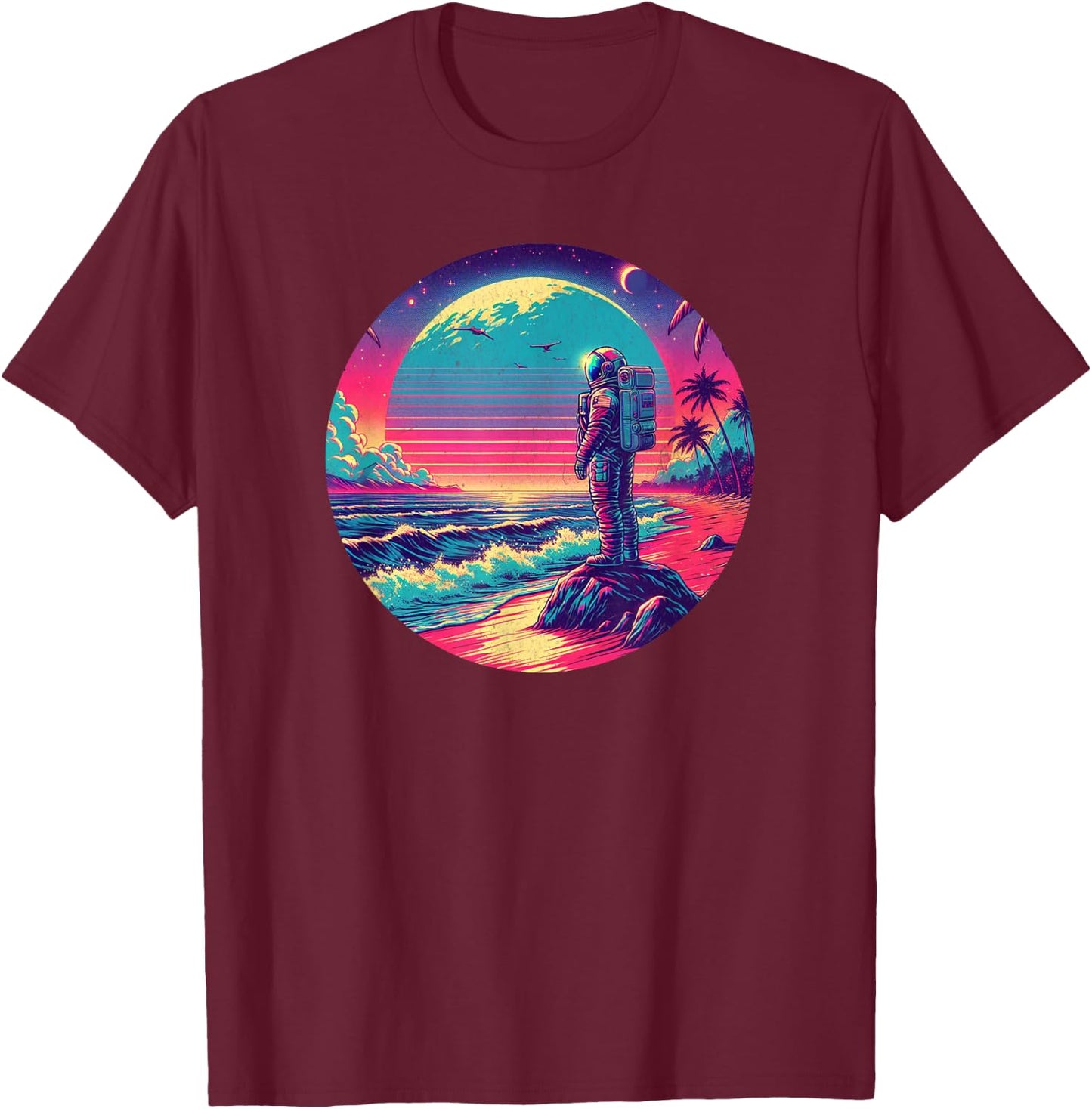 Synthwave Astronaut on the Beach, 1980s Retro T-Shirt - T-Shirt | Maroon