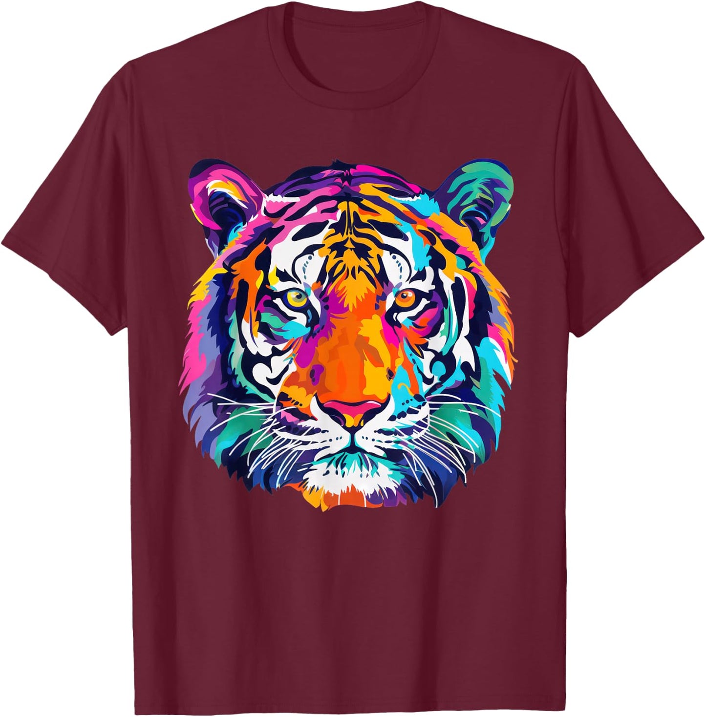 tigerco. Colorful Tiger Graphic , Black, Small, Short Sleeve, Classic Fit T-Shirt - T-Shirt | Maroon