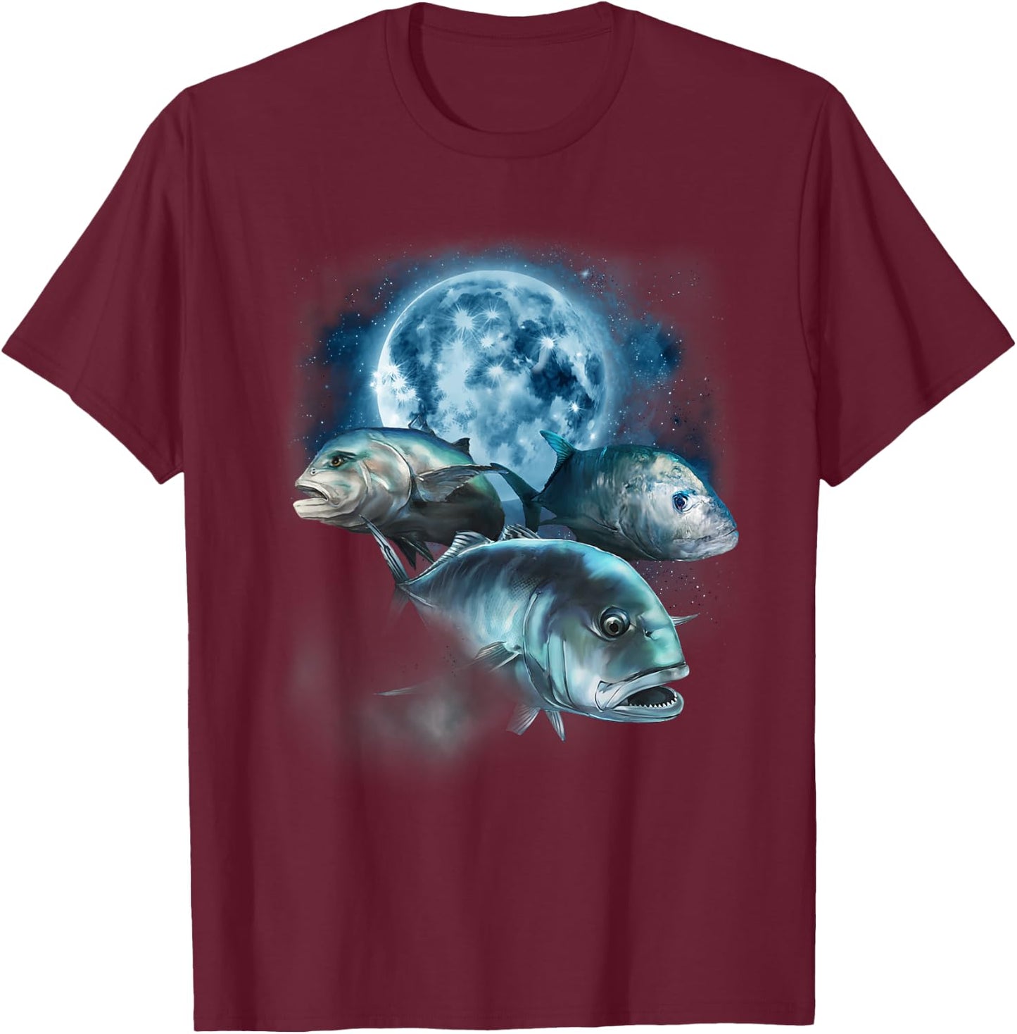 Ulua Fishing Shirt - Trevally Fish Howling at the Moon T-Shirt - T-Shirt | Maroon
