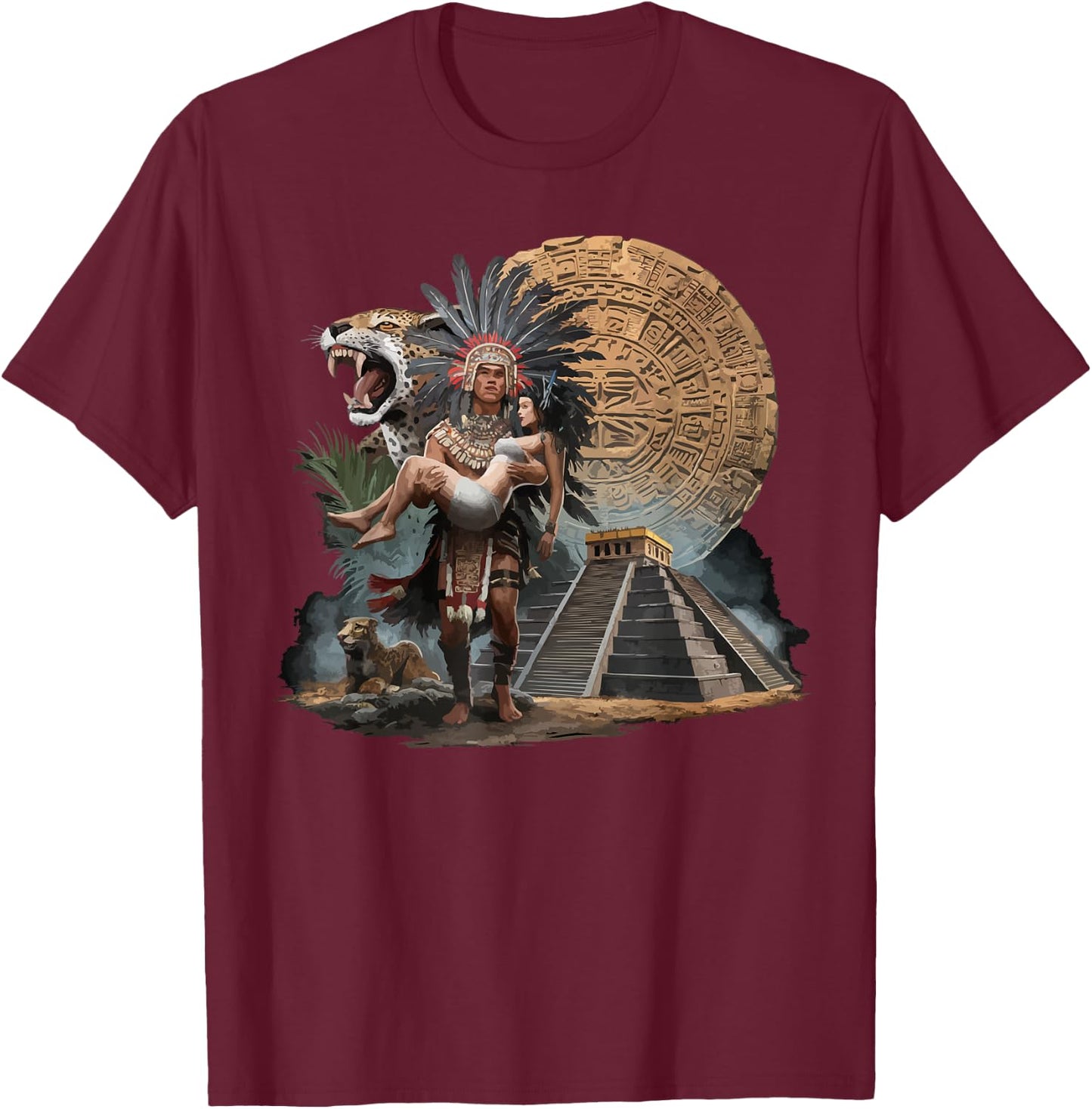 Aztec Warrior Mayan Indigenous Mexican Aztec Jaguar T-Shirt - T-Shirt | Maroon