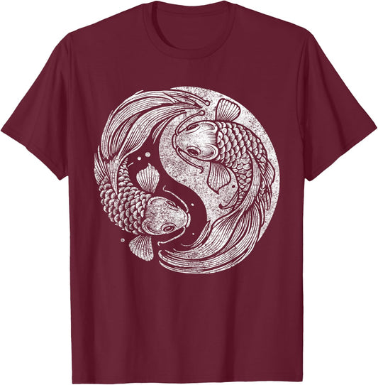 Yin And Yang Retro Japanese Koi Fish T-Shirt - T-Shirt | Maroon