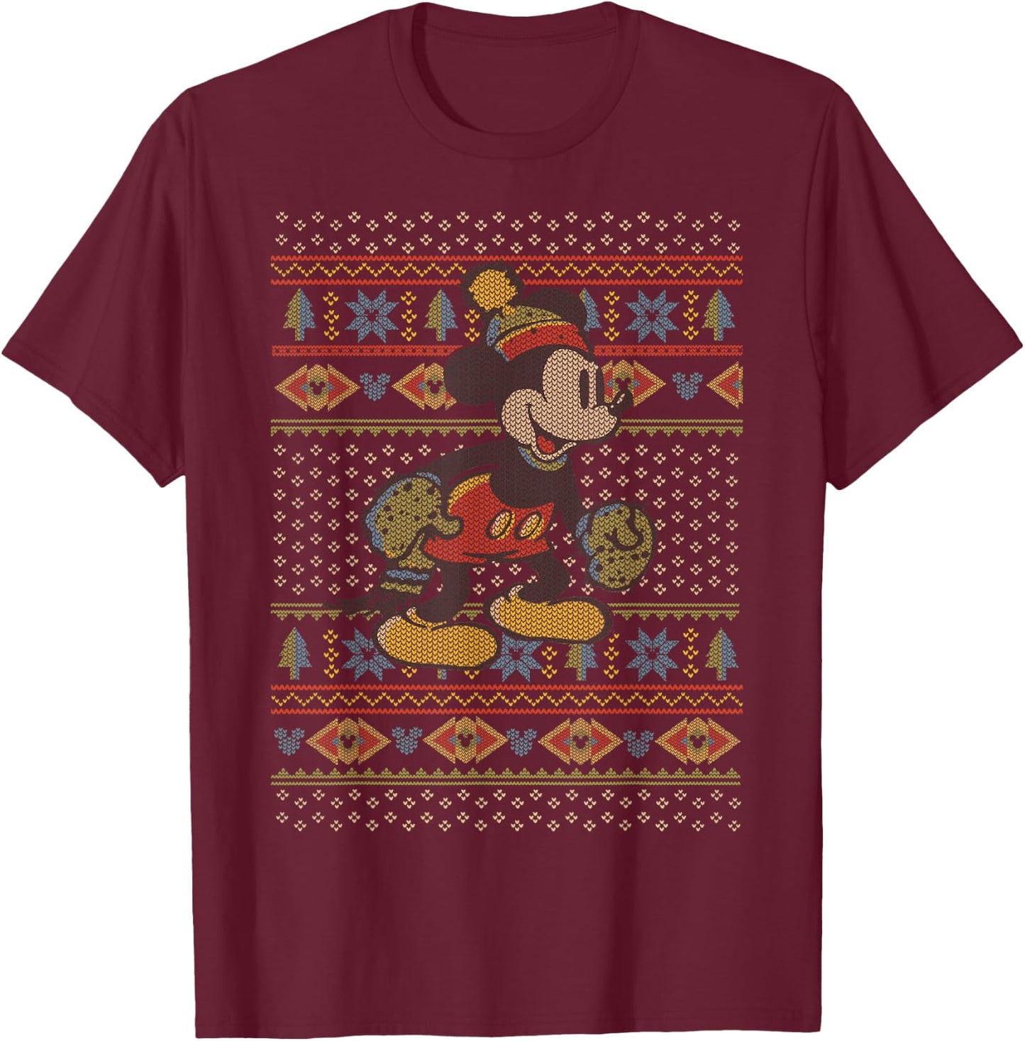 Disney Mickey Mouse Christmas Sweater Style T-Shirt - T-Shirt | Maroon