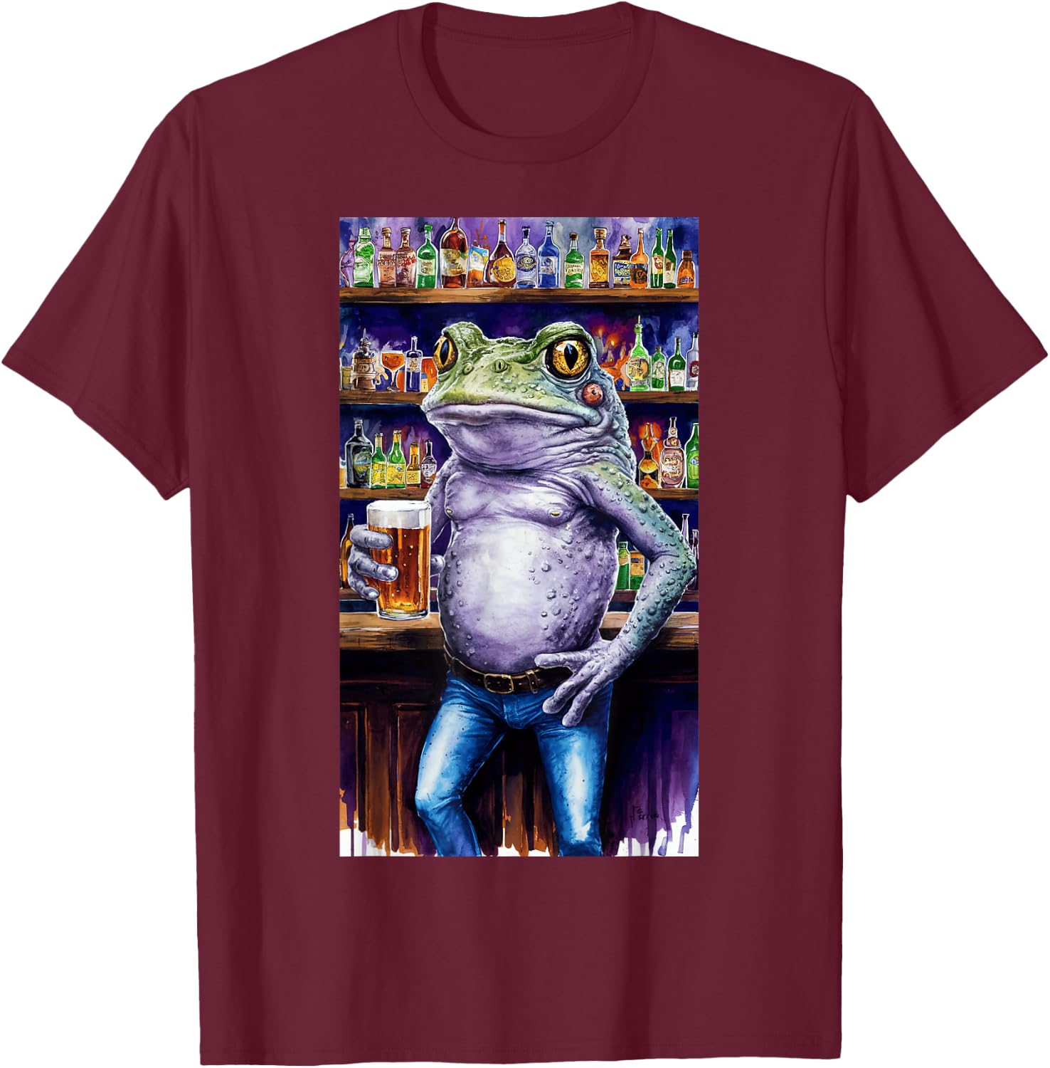 Frog Standing In A Bar Holding A Beer Adult Image T-Shirt - T-Shirt | Maroon