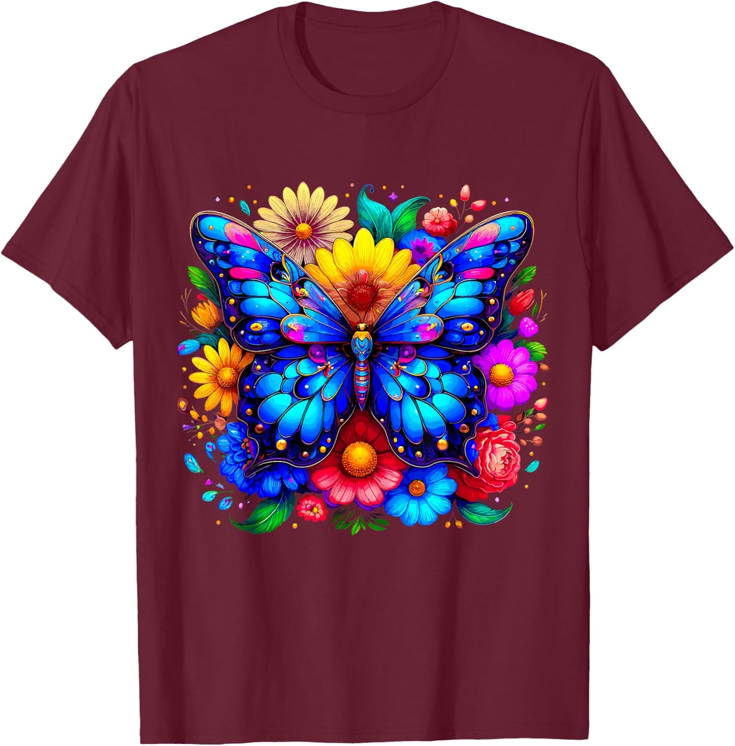 Butterfly and Flowers T-Shirt - T-Shirt | Maroon