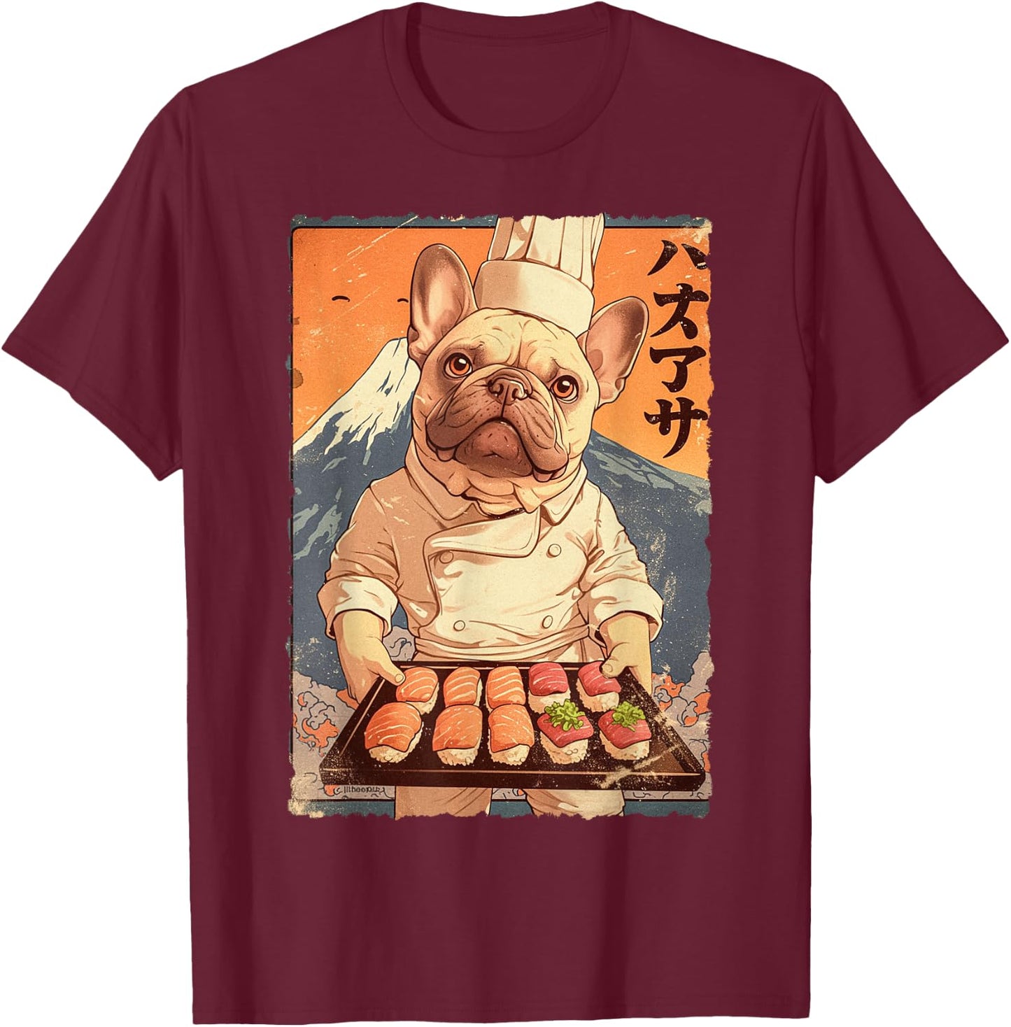 Cute Japanese Food Anime Art French Bulldog Sushi Chef Otaku Women Kids T-Shirt - T-Shirt | Maroon