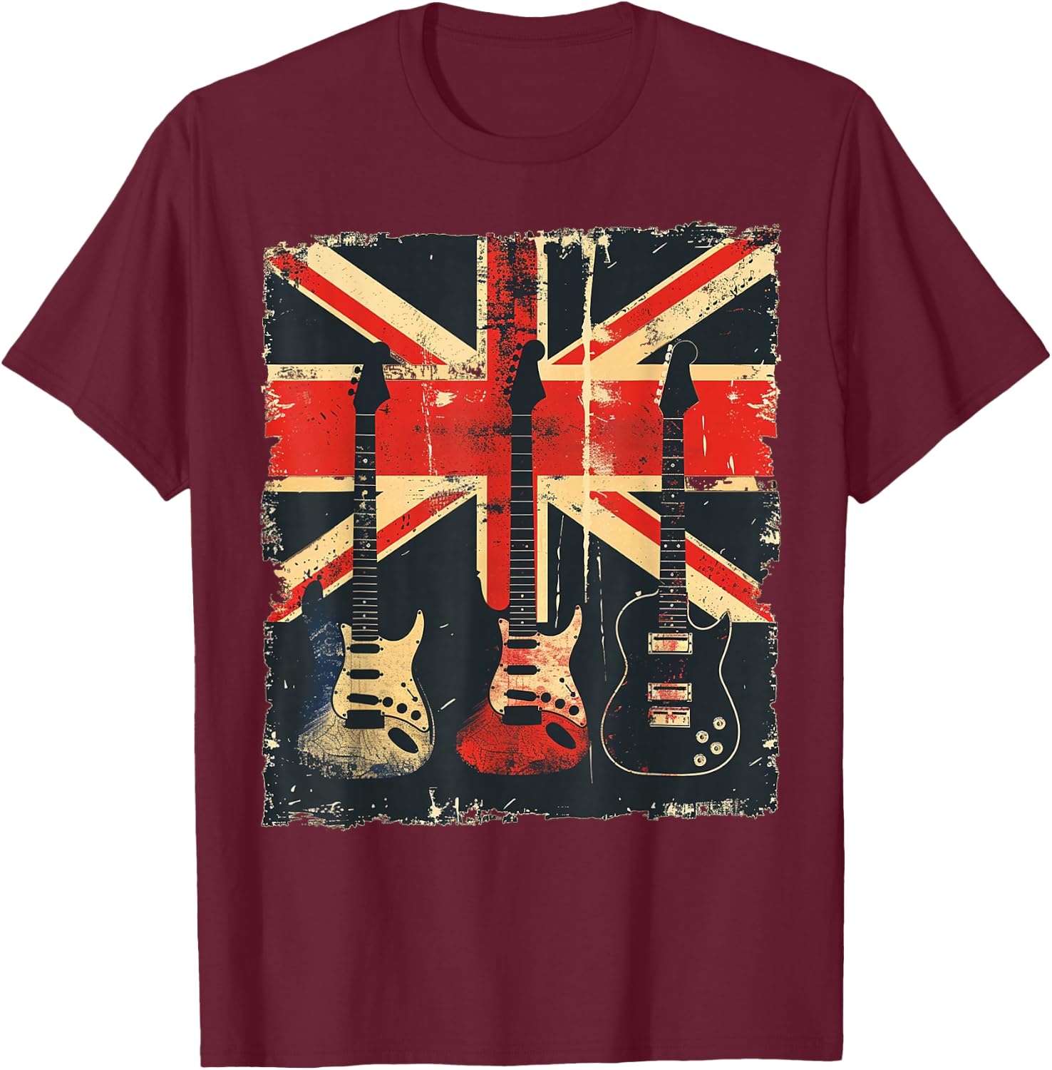 Vintage Guitar British Jack Union Flag Rock Guitarist T-Shirt - T-Shirt | Maroon