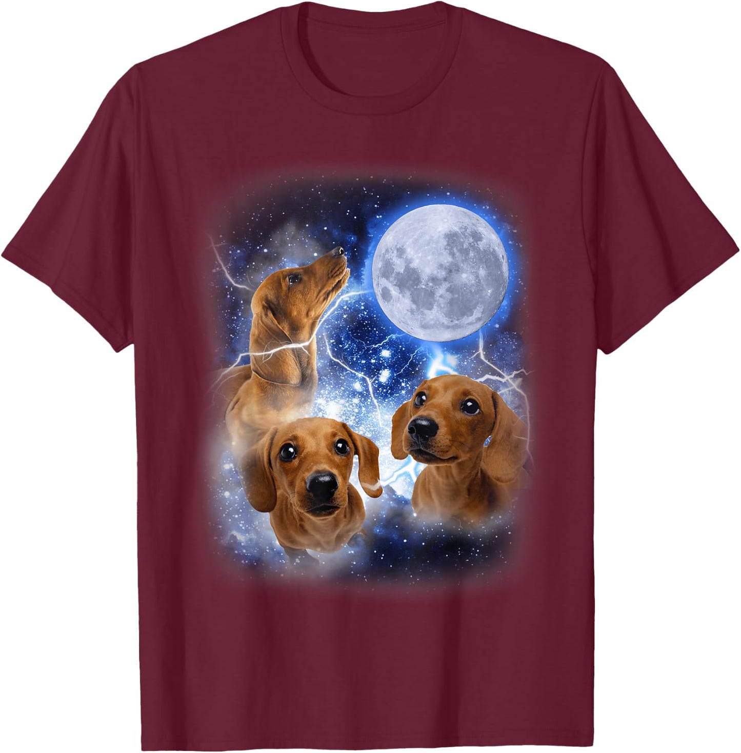 Three Dachshund Moon - Wiener Dog Humorous Doggo Meme Parody T-Shirt - T-Shirt | Maroon
