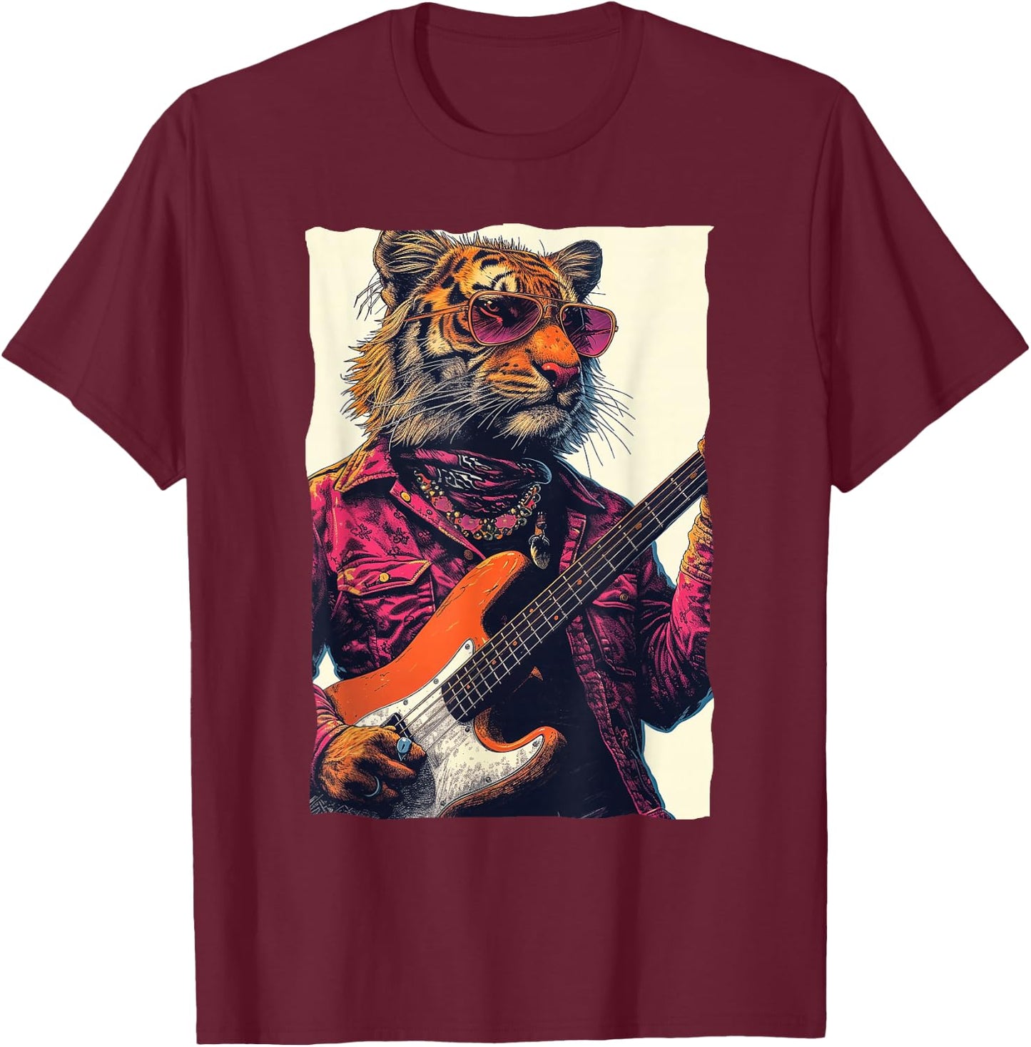 Cool Tiger Playing Guitar Retro Music lover T-Shirt - T-Shirt | Maroon