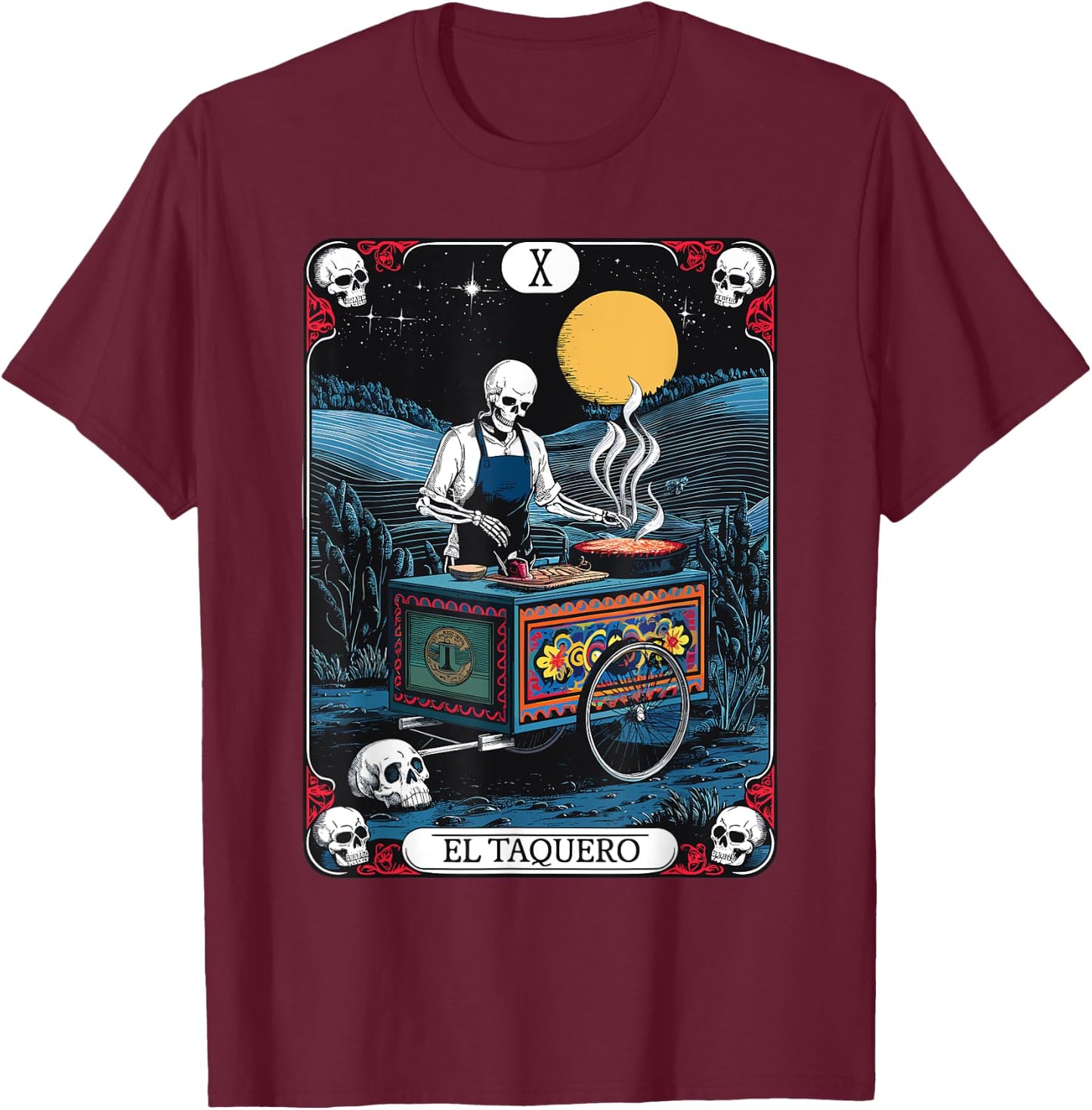 Gothic Tarot El Taquero Skeleton Taco Chef T-Shirt - T-Shirt | Maroon
