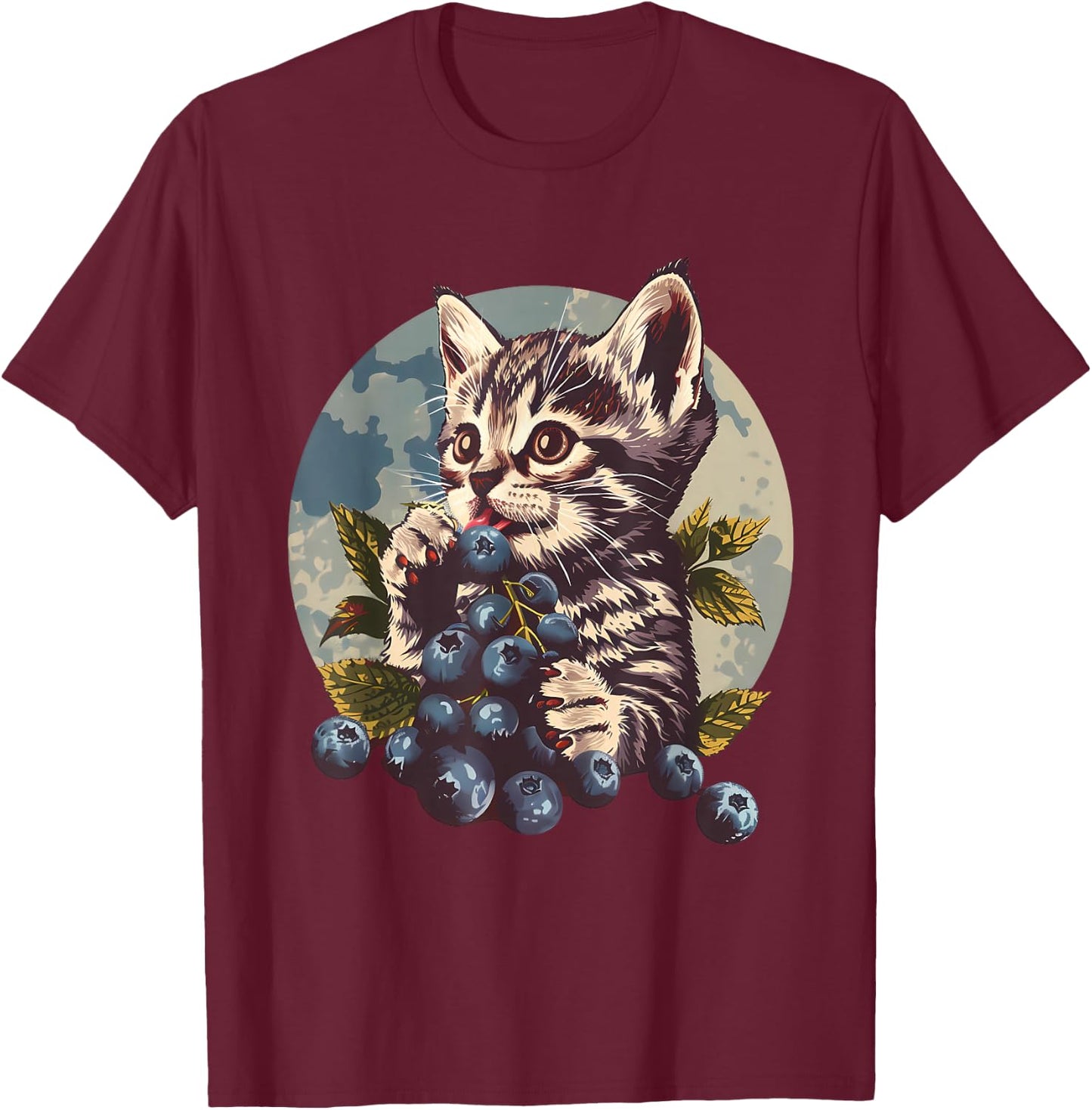 Blueberry Cat Blueberries Portrait Watercolor Animal Art T-Shirt - T-Shirt | Maroon