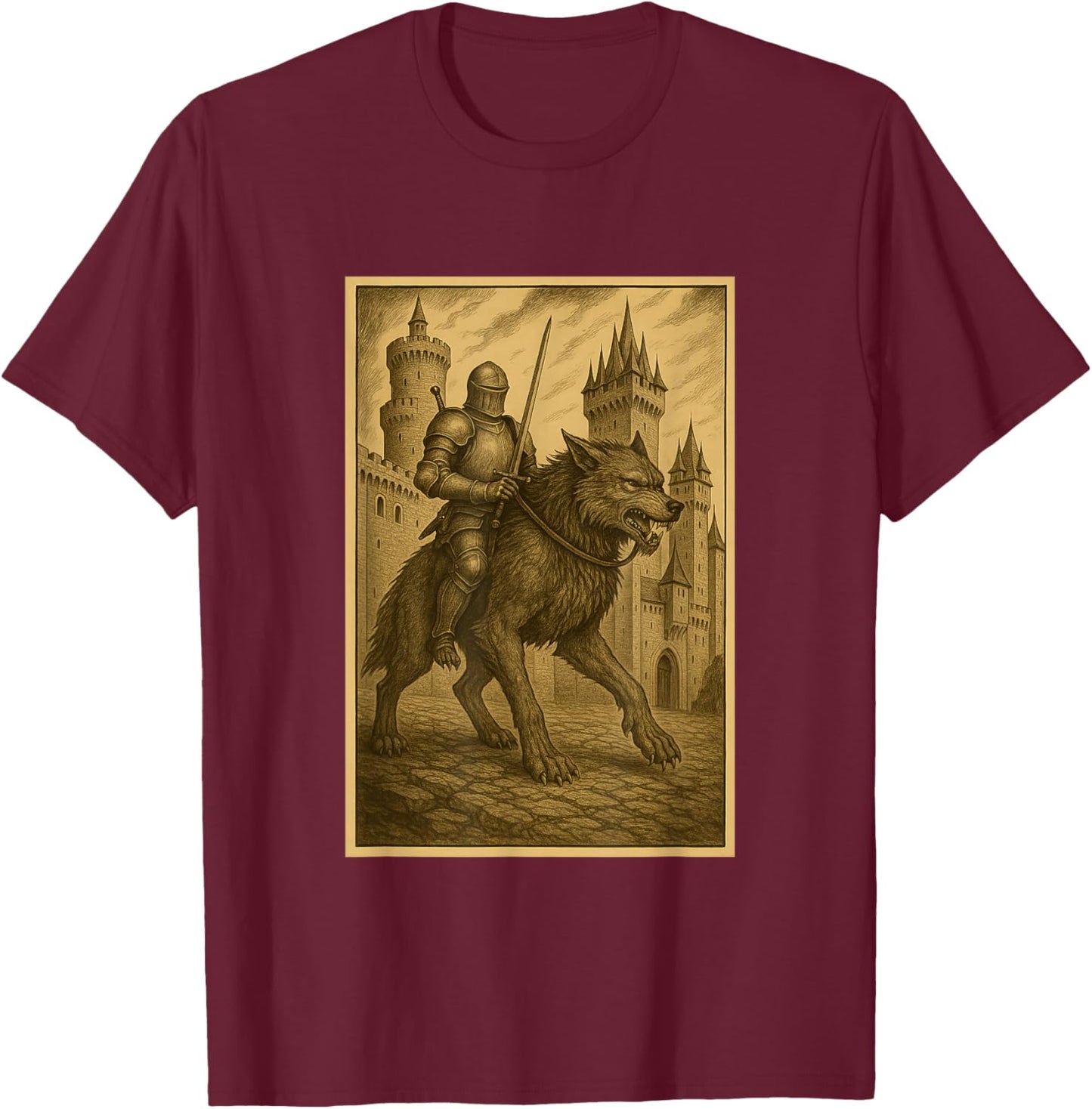 Medieval Knight Riding a Werewolf Fantasy Art Surreal Rider T-Shirt - T-Shirt | Maroon