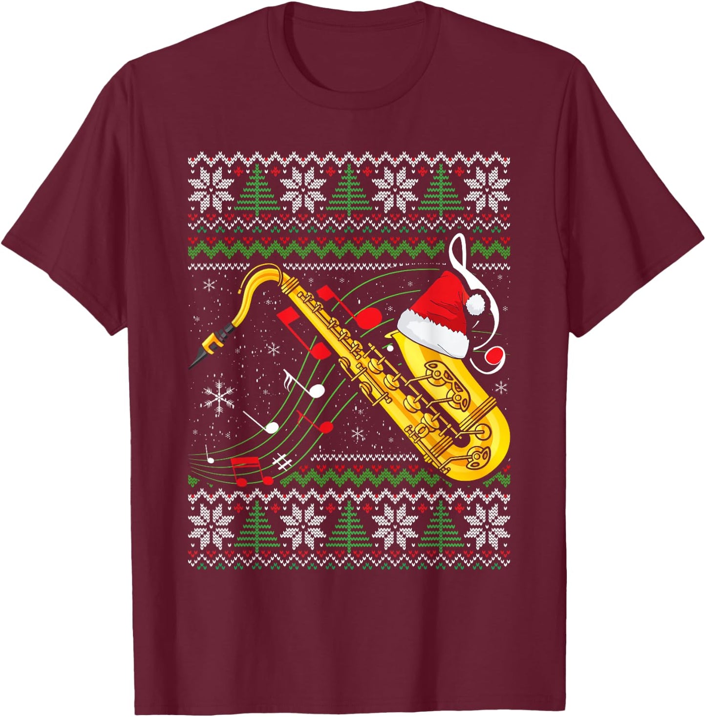 Saxophone Music Lover Xmas Ugly Saxophone Christmas T-Shirt - T-Shirt | Maroon