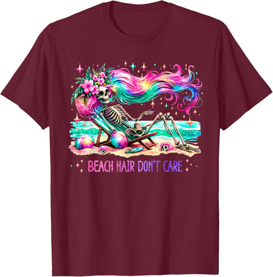 Beach Hair Don't Care Skeleton Woman Summer Vacation Hawaii T-Shirt - T-Shirt | Maroon