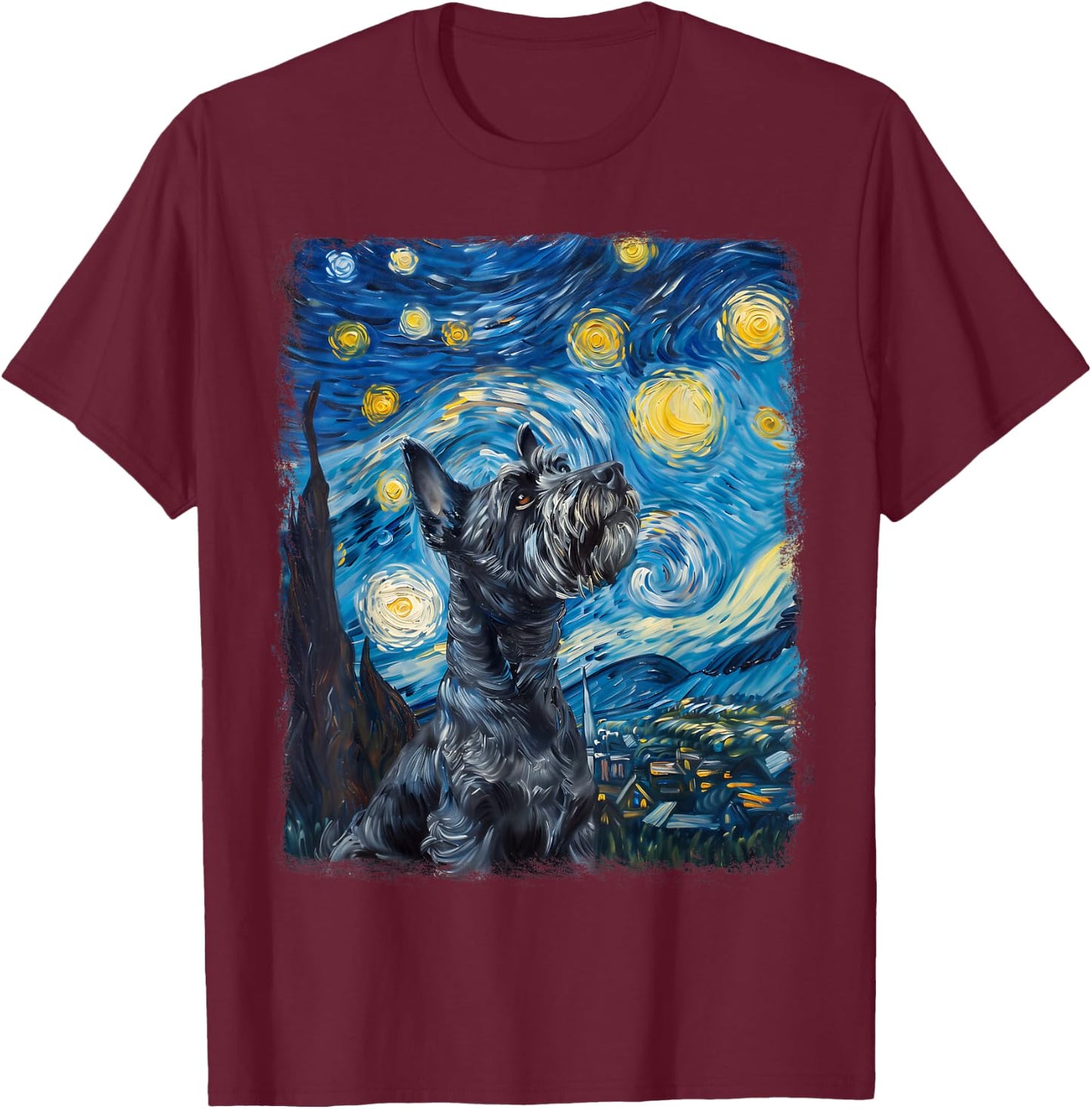 Schnauzer Dog Starry Night Painting T-Shirt - T-Shirt | Maroon