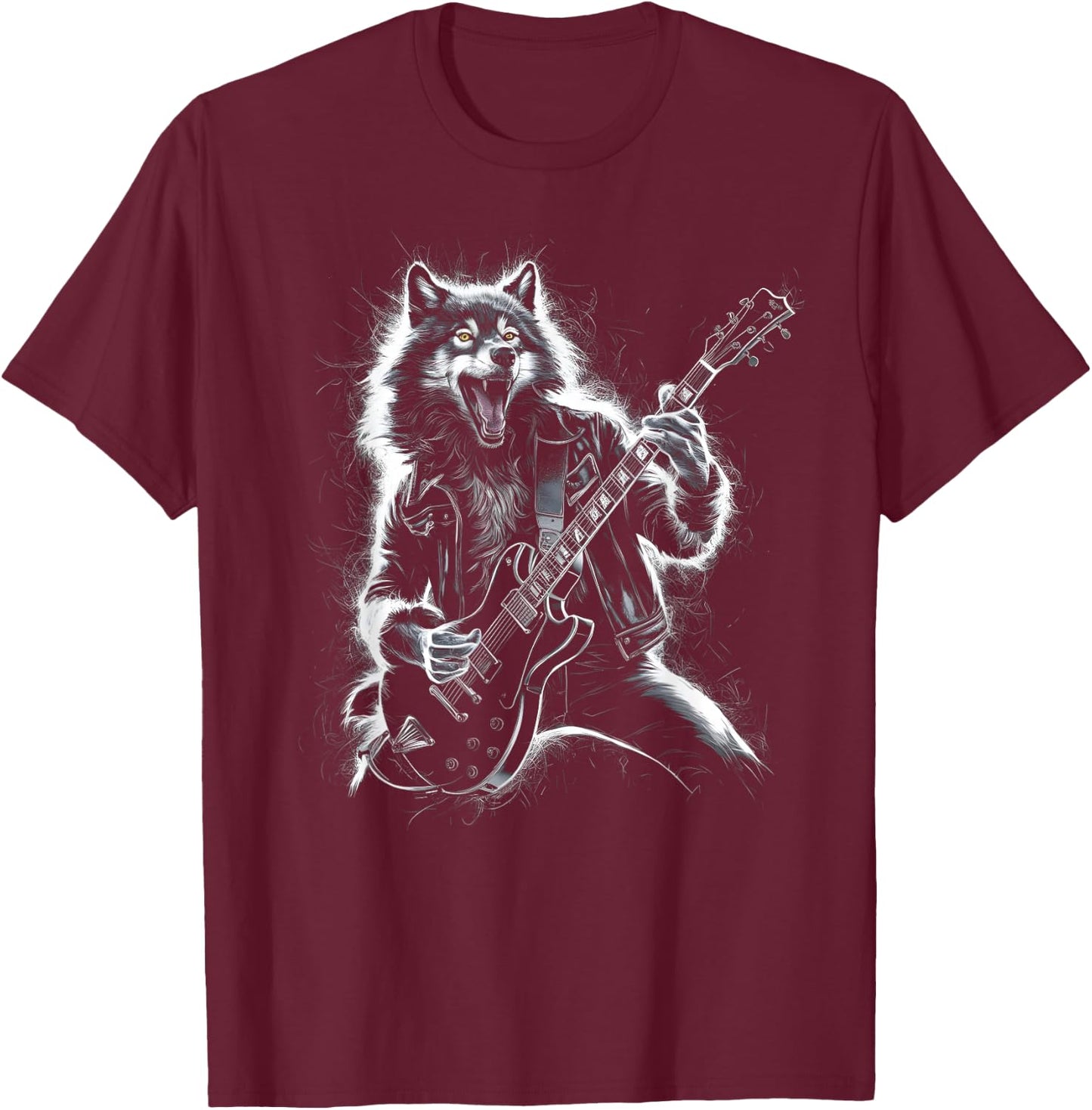 Wolf Playing Guitar Rocker Dog Playing Guitar Rock T-Shirt - T-Shirt | Maroon