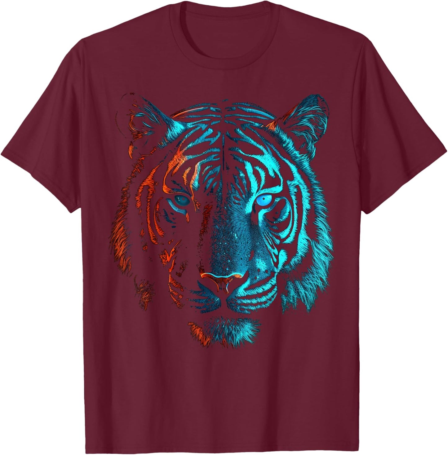Tiger in Red and Blue - Animal Art Tiger T-Shirt - T-Shirt | Maroon