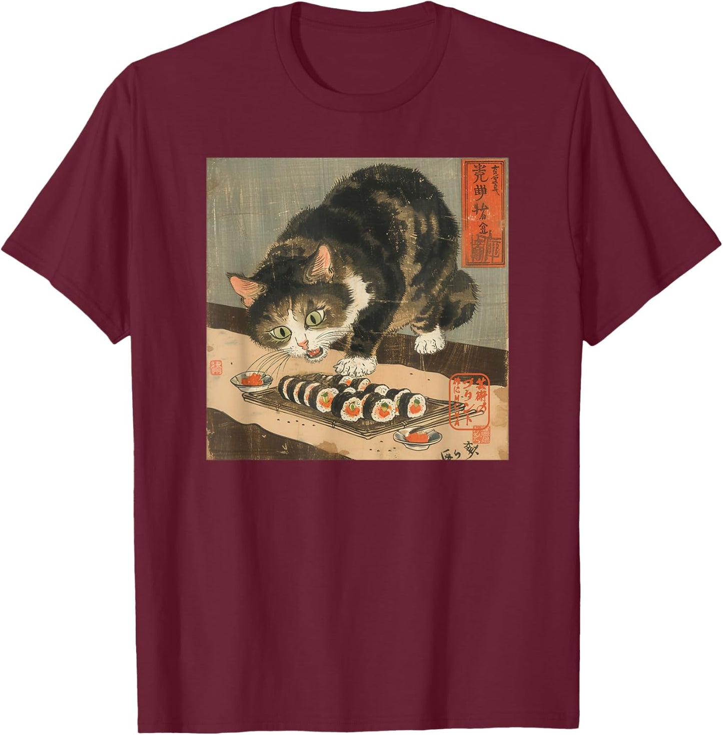 Sushi Cat – Japanese Retro Art Print for Foodie and Cat Love Women Kids T-Shirt - T-Shirt | Maroon