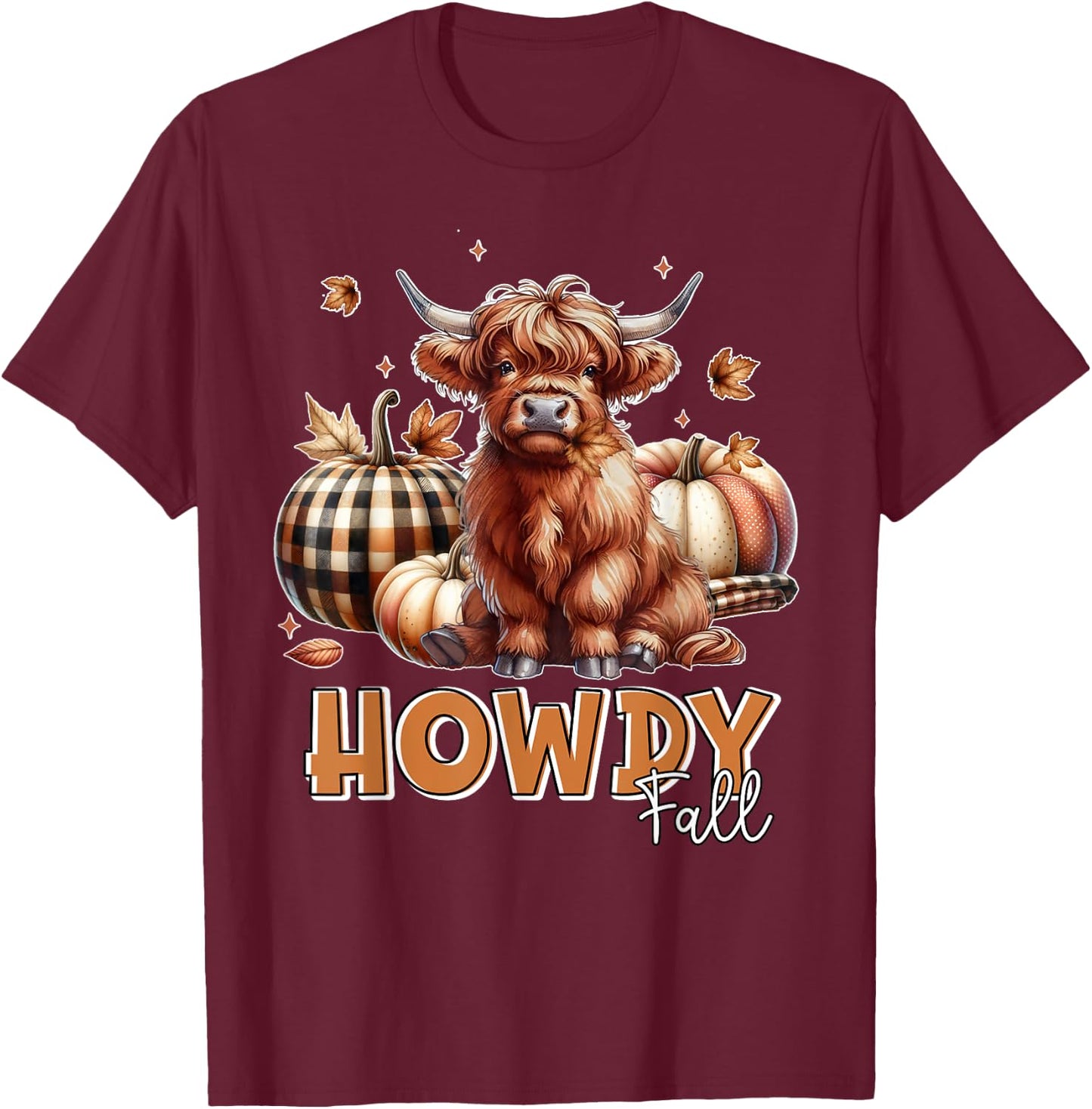 Howdy Fall Western Farm Country Highland Cow Autumn Pumpkin T-Shirt - T-Shirt | Maroon