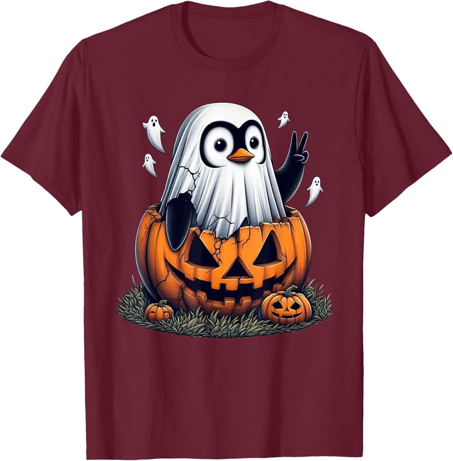 Funny Penguin Boo Halloween Ghost Kids T-Shirt - T-Shirt | Maroon