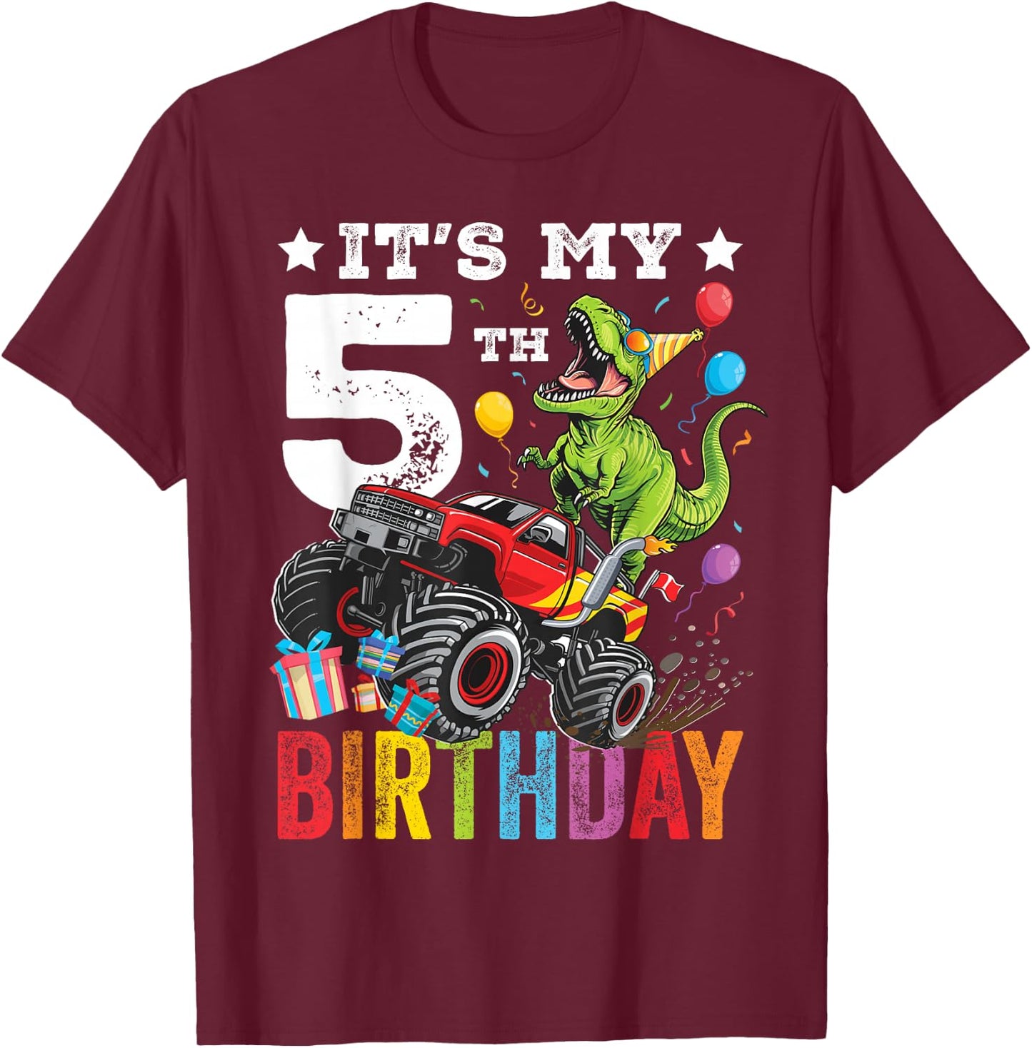Five 5th Birthday Dinosaur Monster Truck T-Shirt - T-Shirt | Maroon