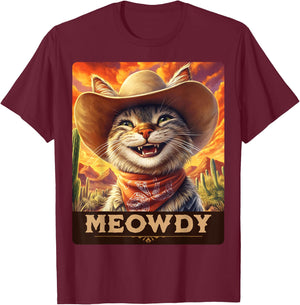Meowdy, Cowboy: A Furry Friend in the Wild West, cat T-Shirt - T-Shirt | Maroon