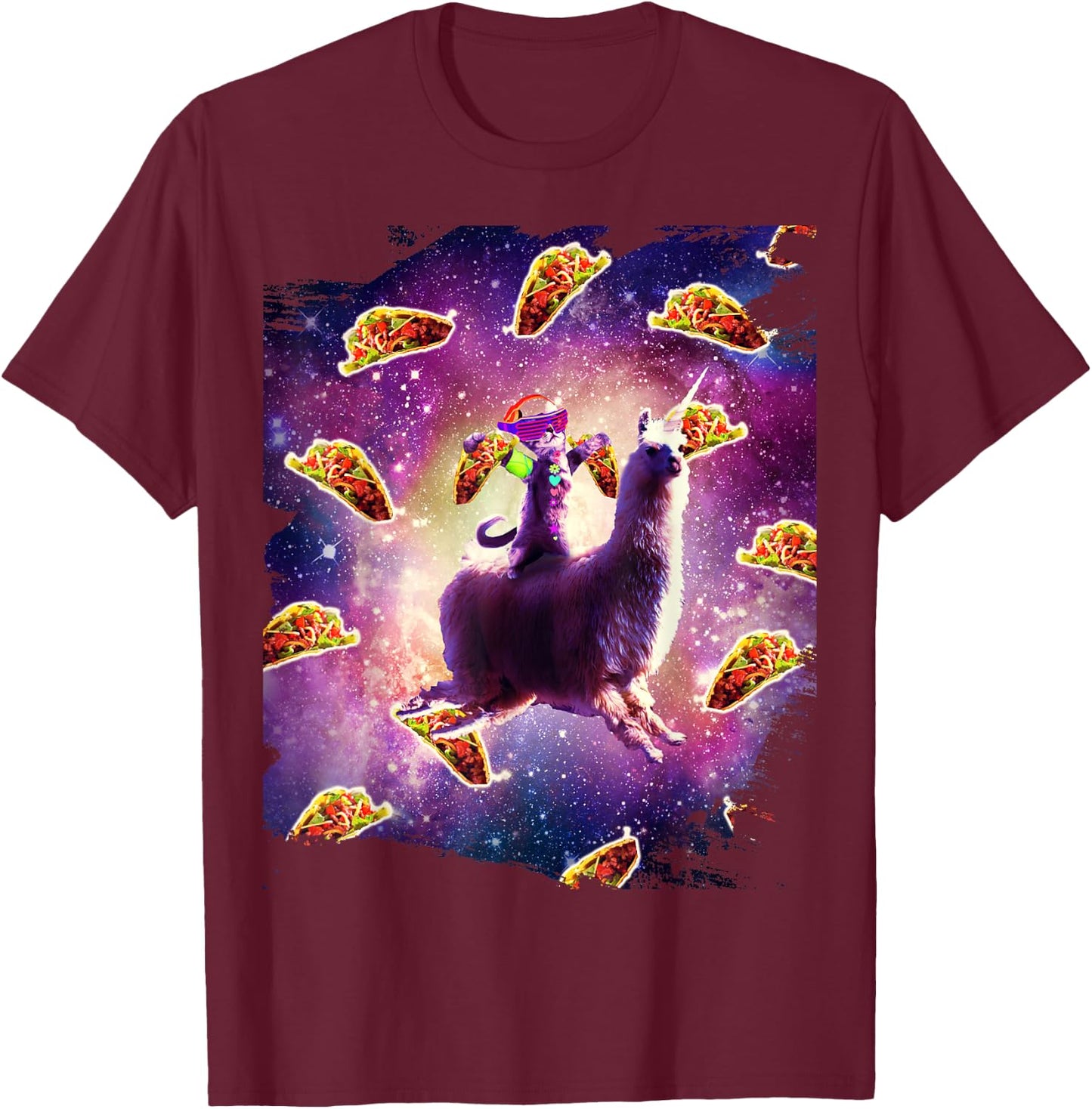 Rave Space Cat On Llama Unicorn - Taco T-Shirt - T-Shirt | Maroon