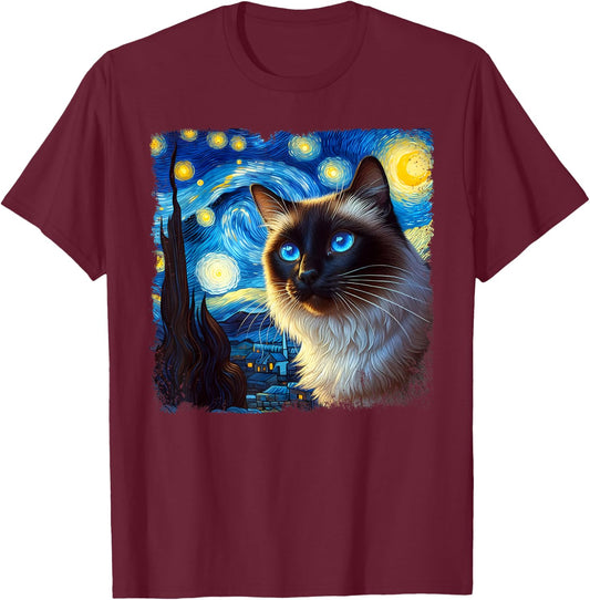 Funny Cute Siamese Cat Starry Night Van Gogh Painting T-Shirt - T-Shirt | Maroon