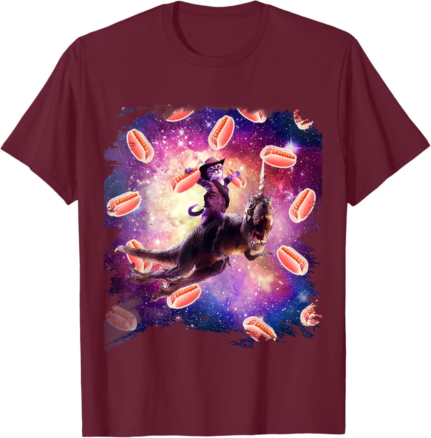 Cowboy Space Cat On Dinosaur Unicorn - Hotdog T-Shirt - T-Shirt | Maroon