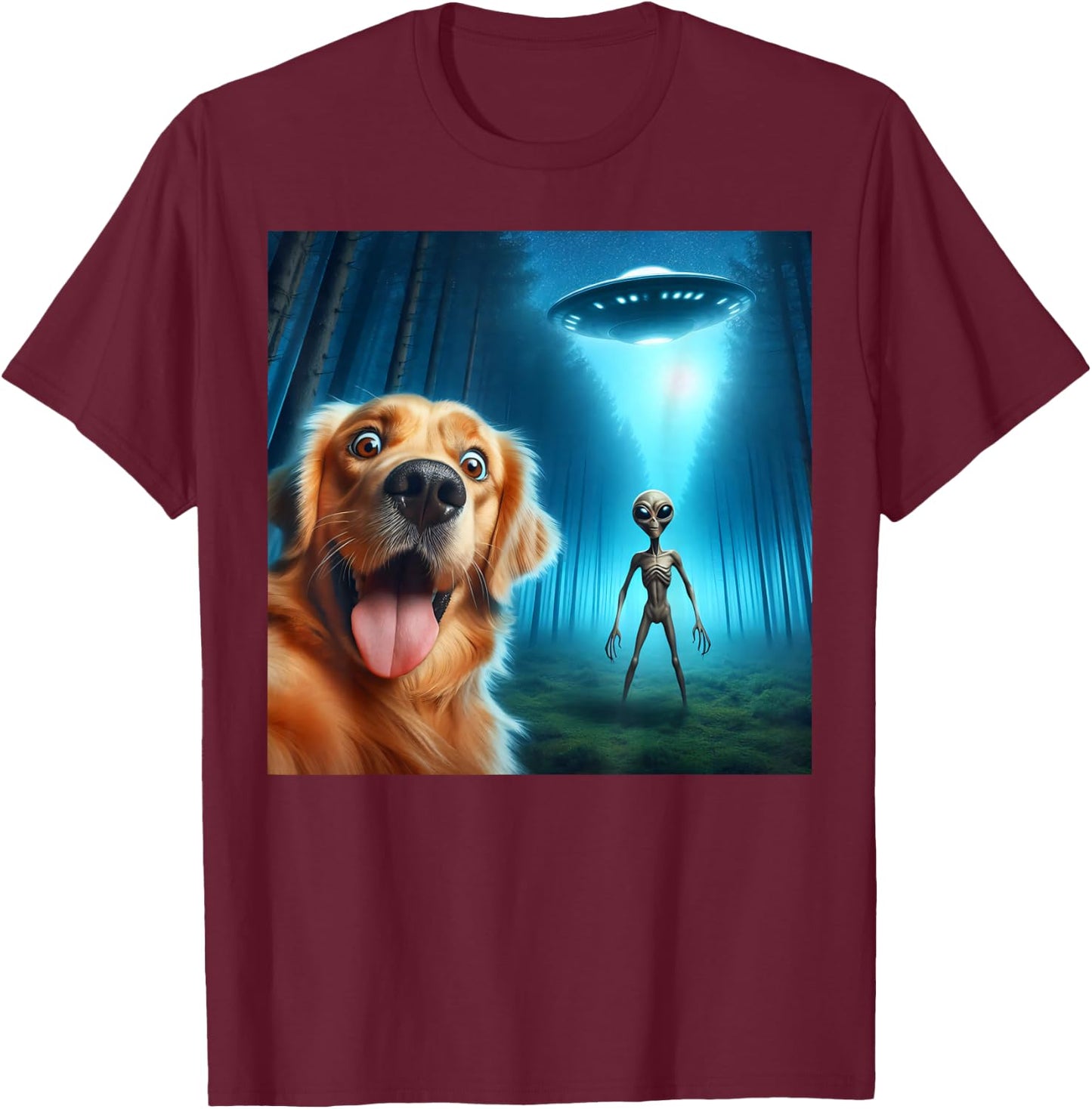 Golden Retriever Selfie Alien UFO Funny T-Shirt - T-Shirt | Maroon