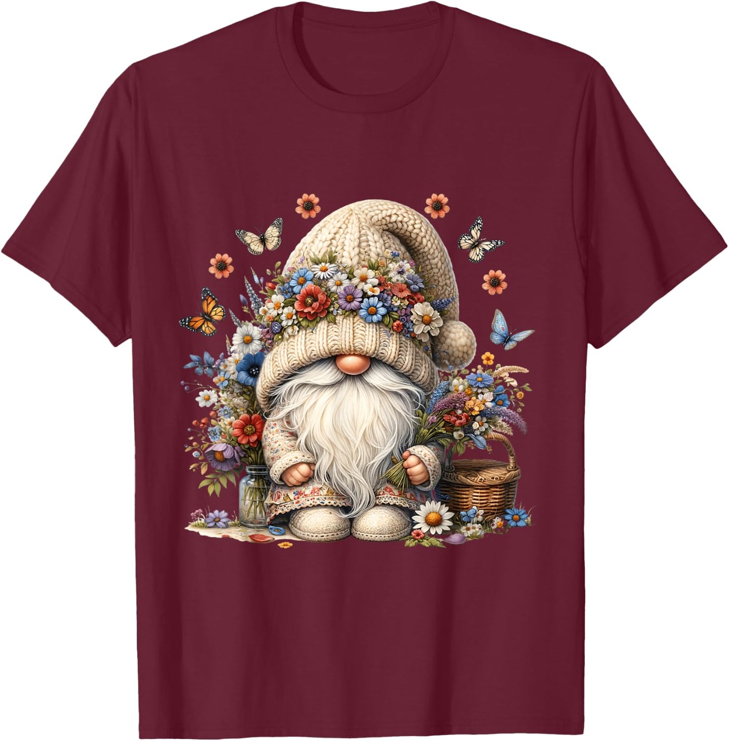Wildflower Butterfly Gnome In Summer Boho Dress Cute Floral T-Shirt - T-Shirt | Maroon