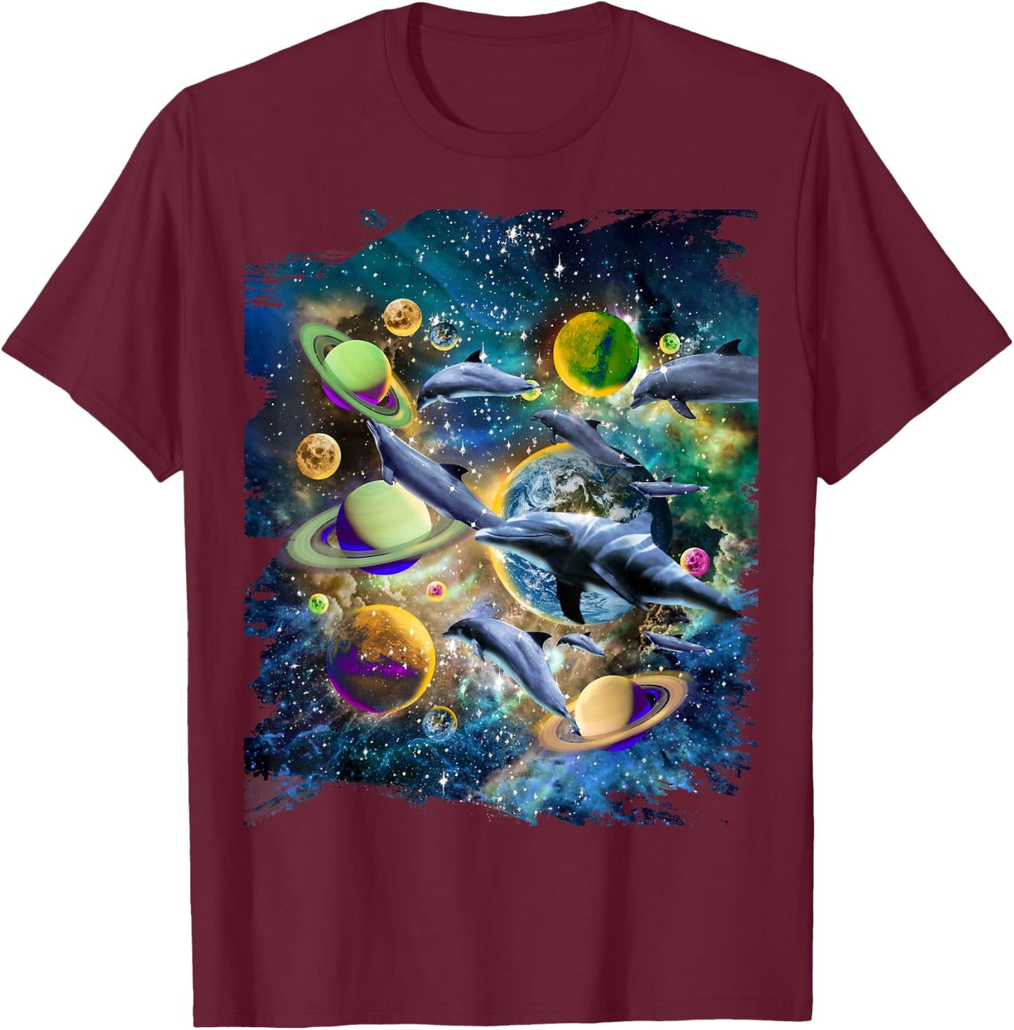 Celestial Space Dolphin, Space Planets Galaxy Dolphins T-Shirt - T-Shirt | Maroon