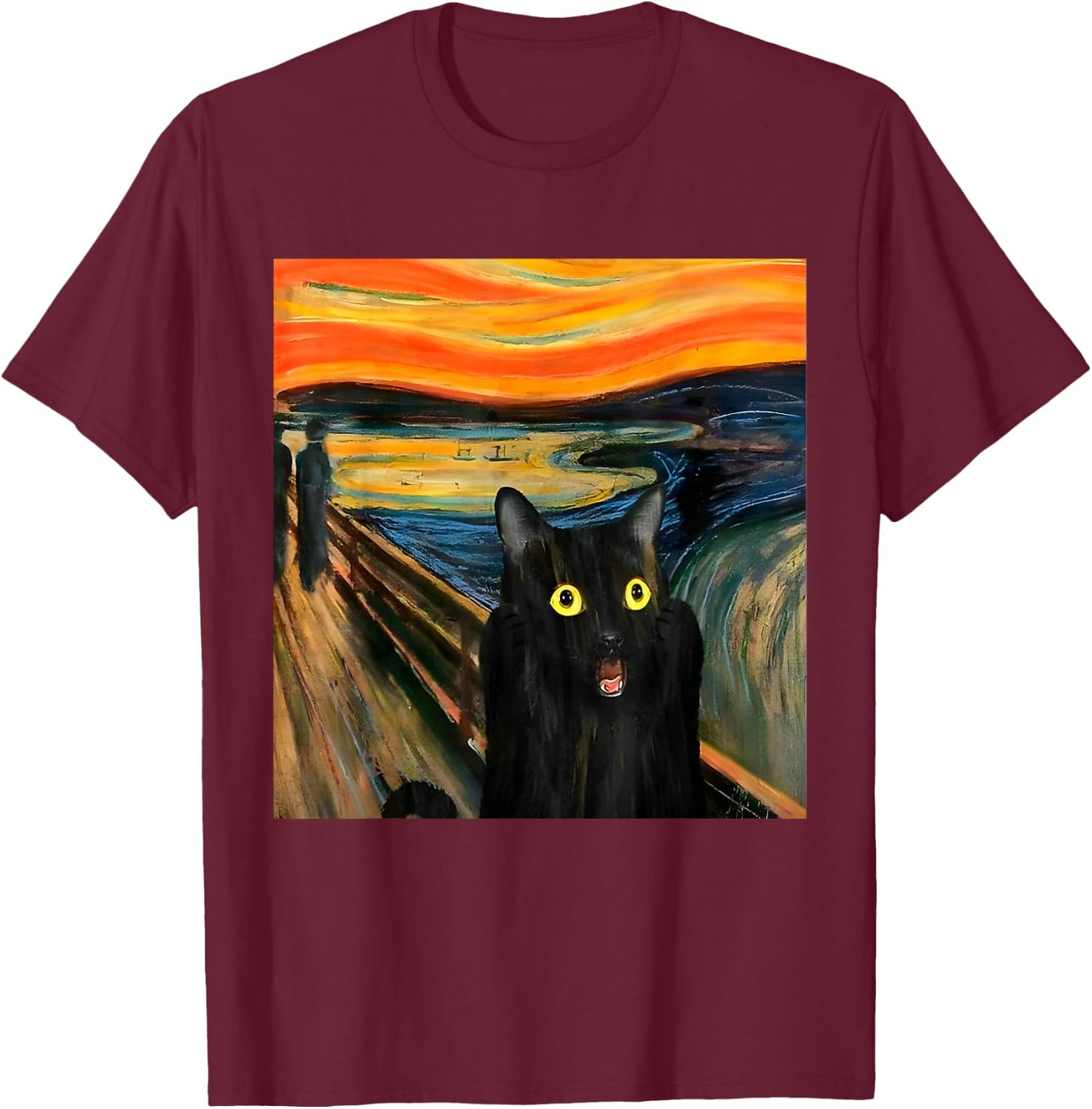 The Scream Black Cat by Munch Edvard Famous Painting Funny T-Shirt - T-Shirt | Maroon