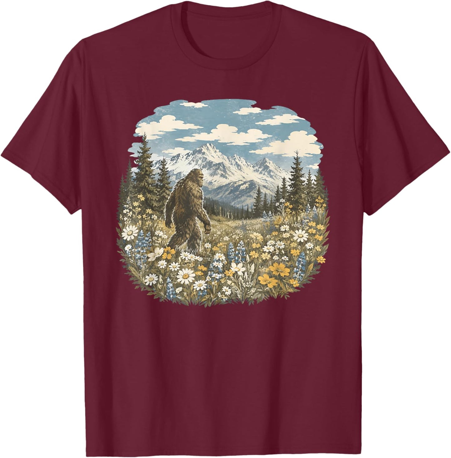 Vintage Sasquatch Floral Bigfoot Walks in A Field of Flowers T-Shirt - T-Shirt | Maroon